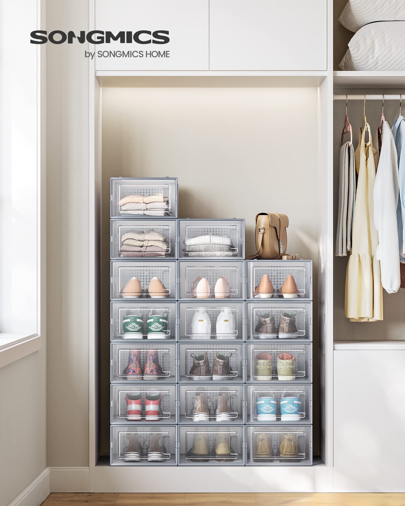 SONGMICS Shoe Boxes - Pack of 18 Stackable Organisers | Transparent Body | Fits up to UK Size 11 2