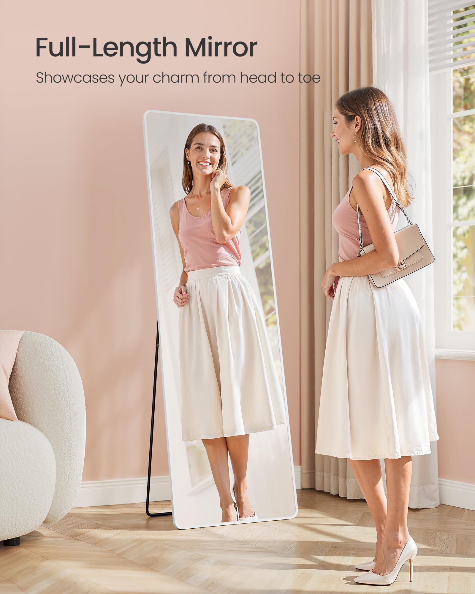 SONGMICS Full Length Floor Mirror - 160 x 50 cm Rectangle | Matte White | Rust-Resistant Aluminium Frame 4