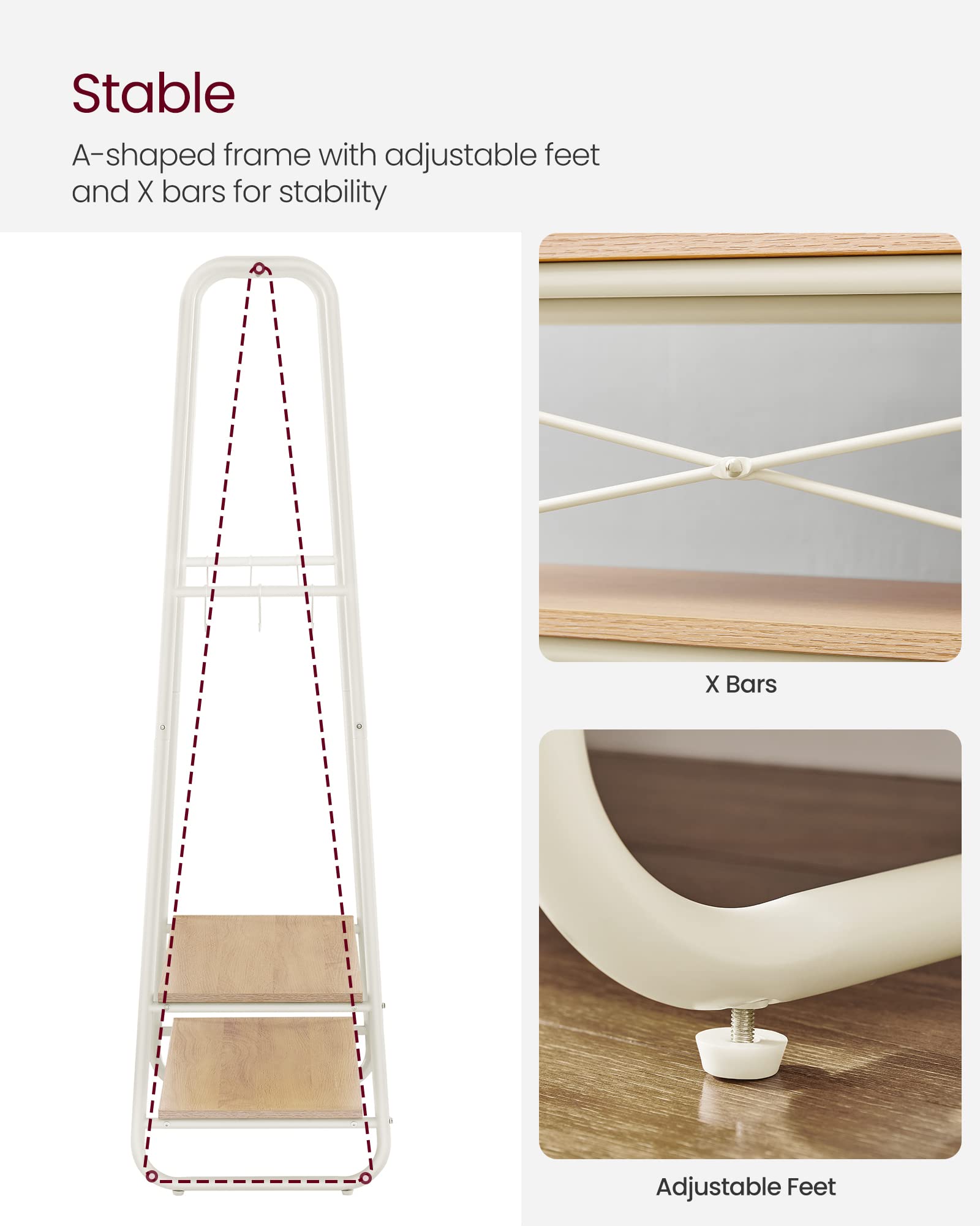 VASAGLE Clothes Rail with 2 Shelves and 6 S-Hooks | Oak + Cream White | 45 x 100 x 160 cm 6
