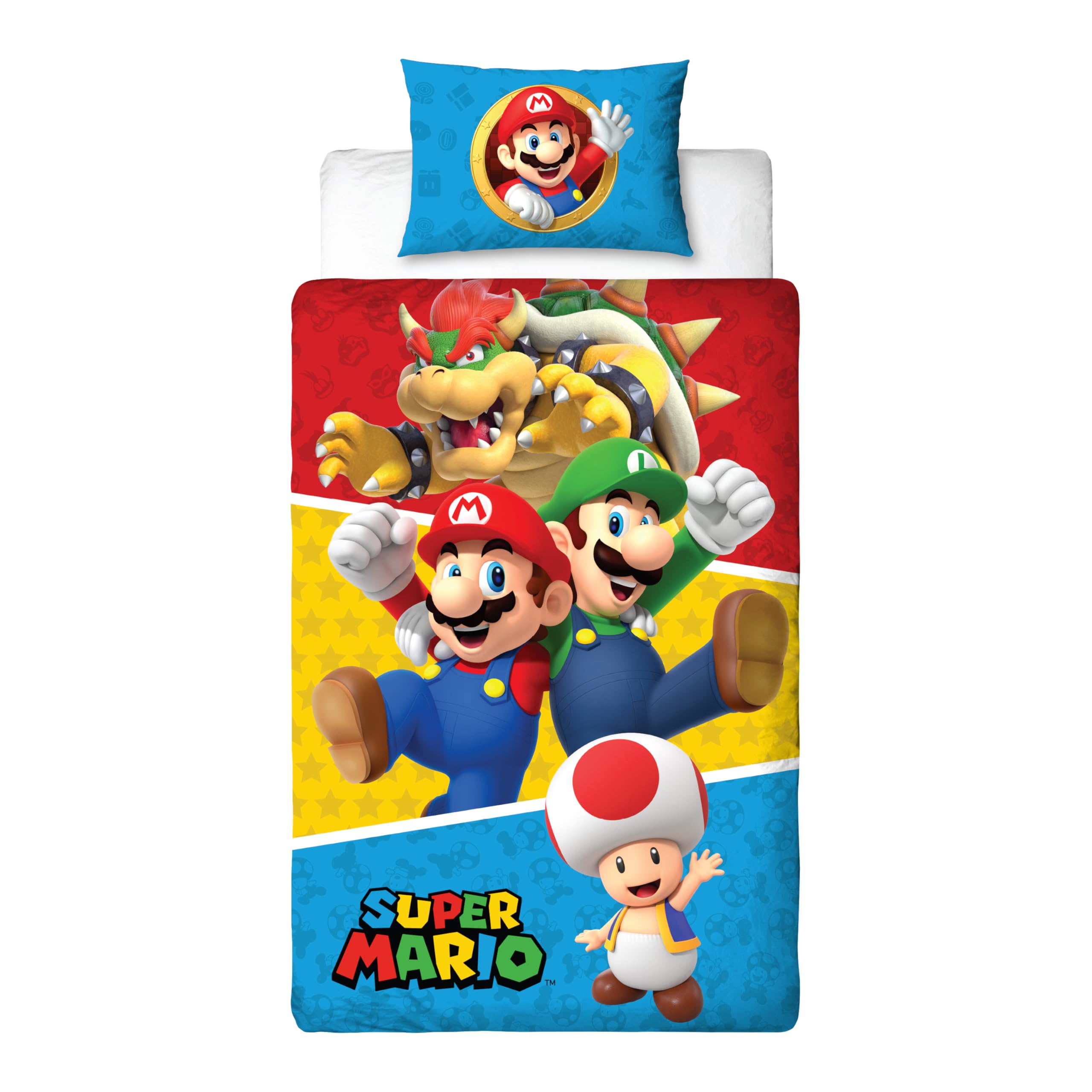 Character World Nintendo Super Mario Official Single Duvet Cover Set, Reversible Splitter Design 2