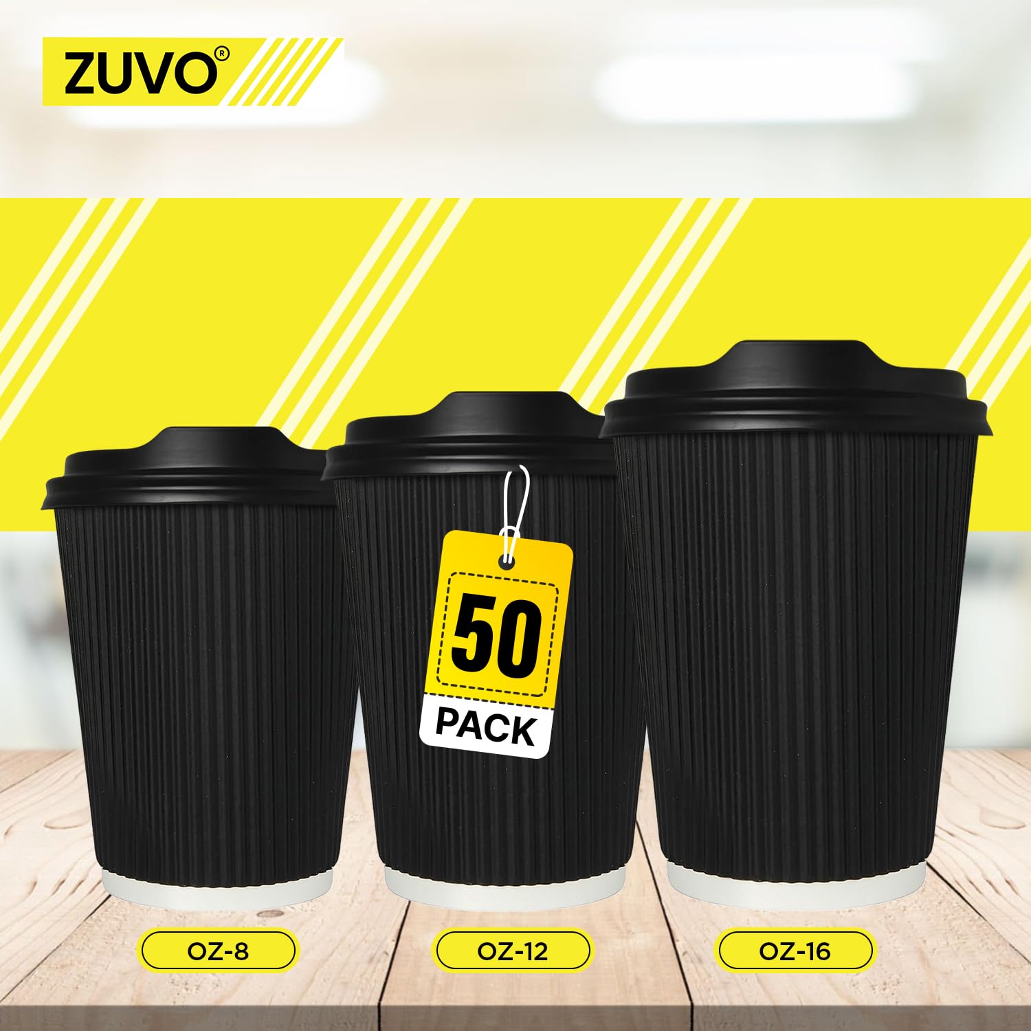 Zuvo Triple Wall Insulated Coffee Cups with Lids - 50 Pack, 12 Oz, Black Kraft Paper 3