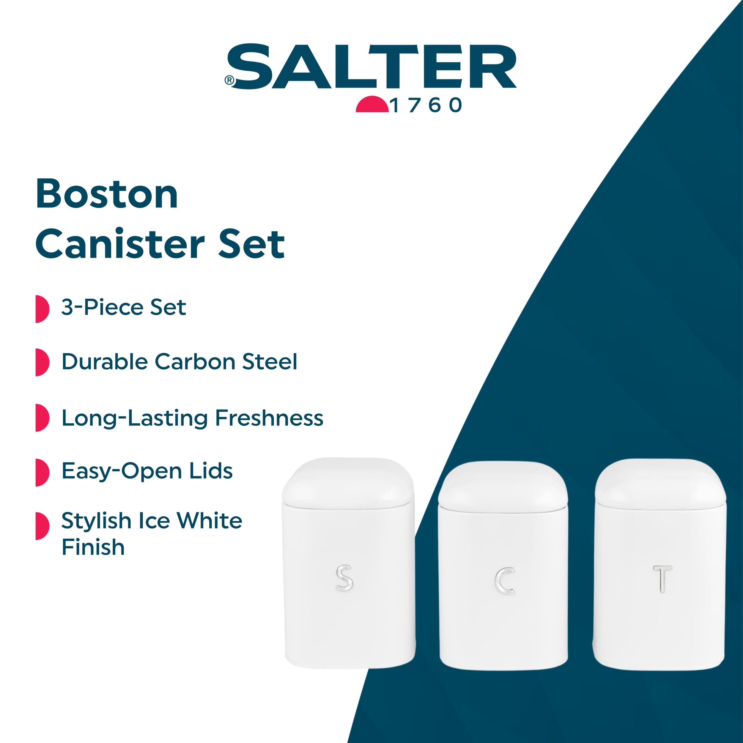 Salter Boston 3-Piece Canister Set - Carbon Steel Storage for Tea, Coffee, Sugar | White