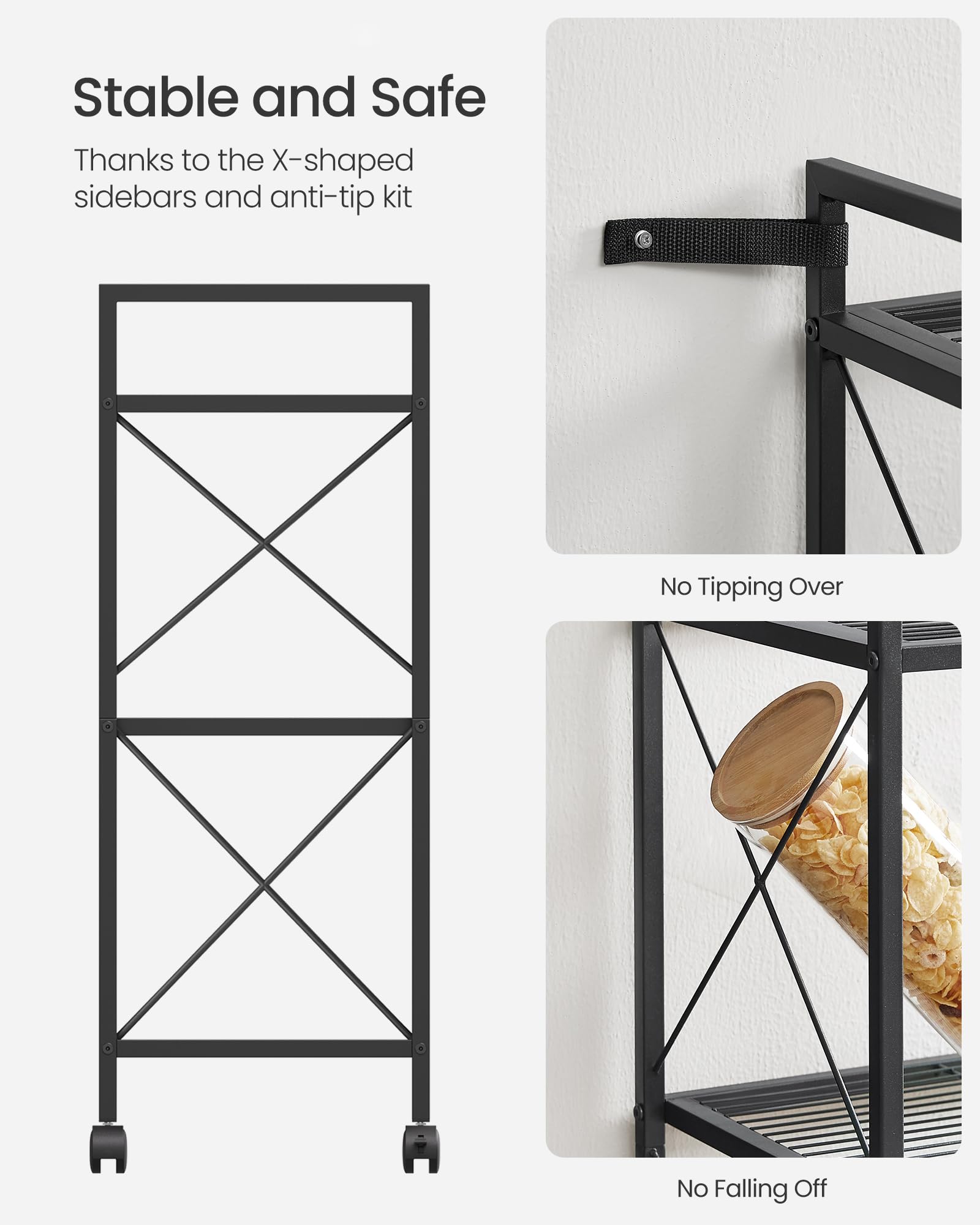 SONGMICS 3-Tier Metal Shelving Unit on Wheels | Heavy Duty | Adjustable Feet | Ink Black 5