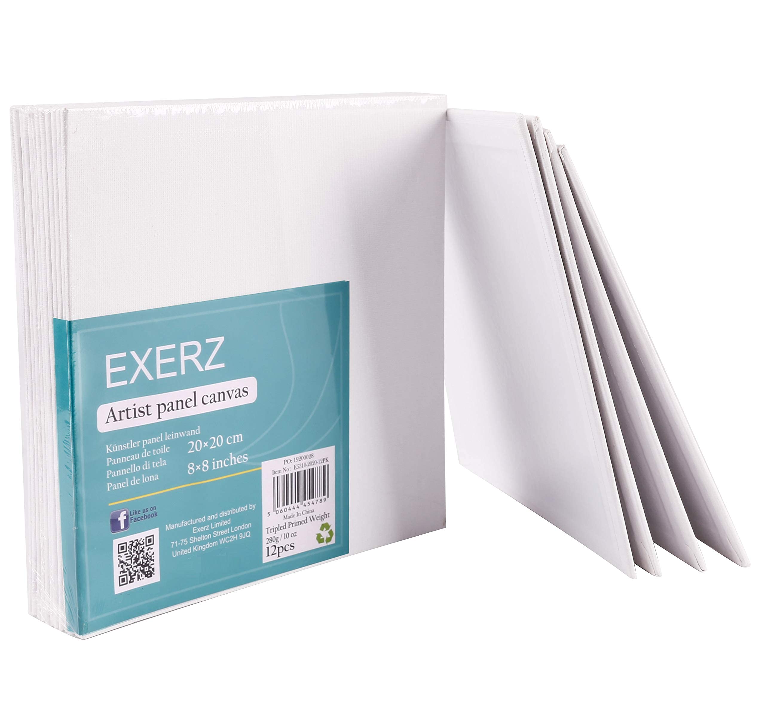 EXERZ Canvas Panels - 12 Pack, 20x20cm Square, 100% Cotton, Triple Primed Gesso 8
