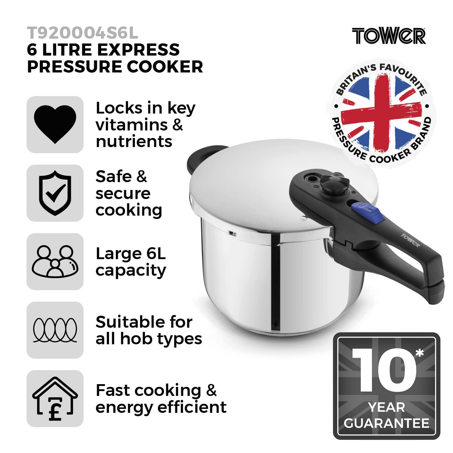 Tower Express Pressure Cooker - 6L Capacity | Stainless Steel | Bakelite Locking Lid 2