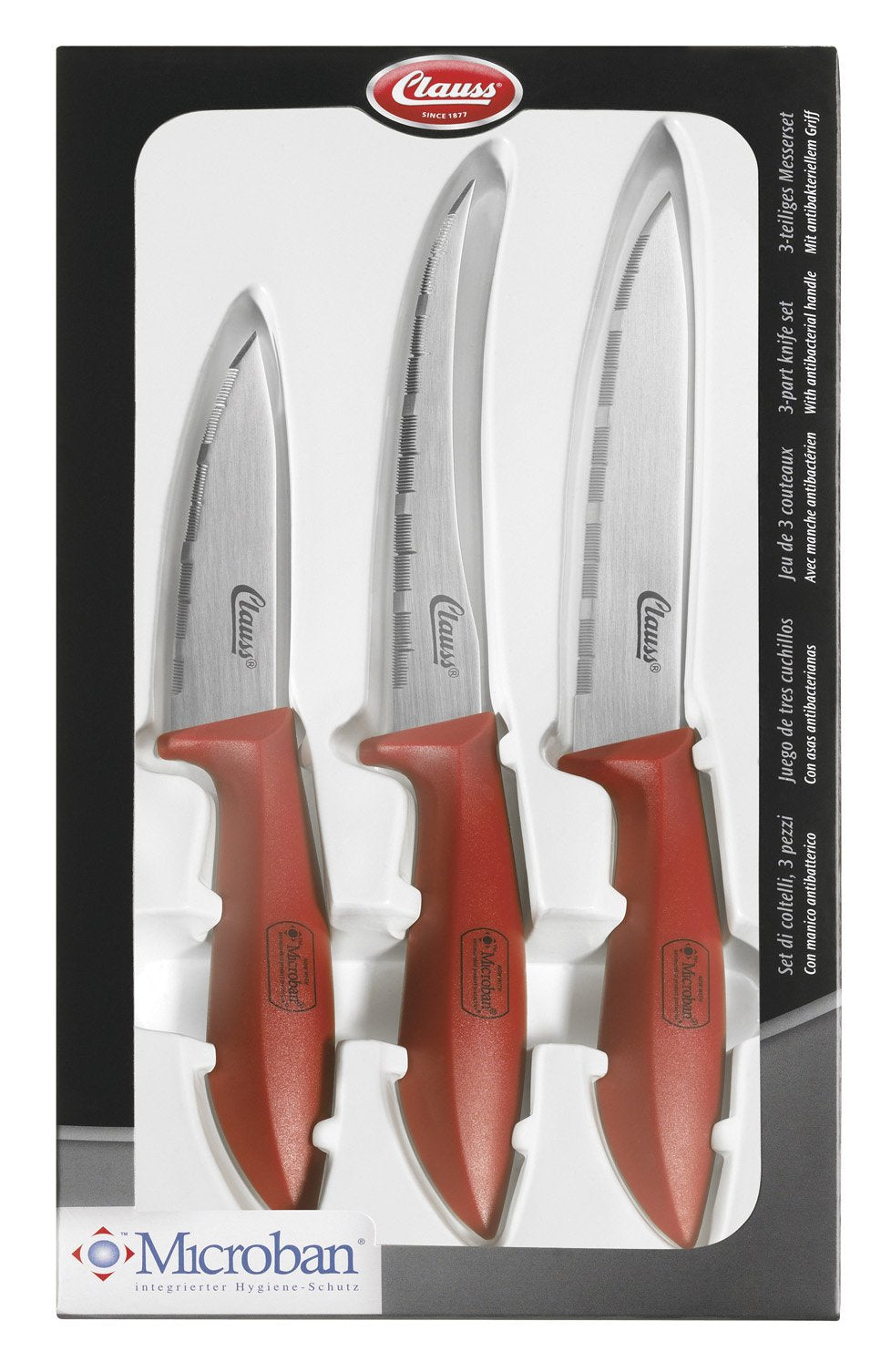 Clauss 3-Piece Kitchen Knife Set - Never Needs Sharpening | Microban Handle | Red 1