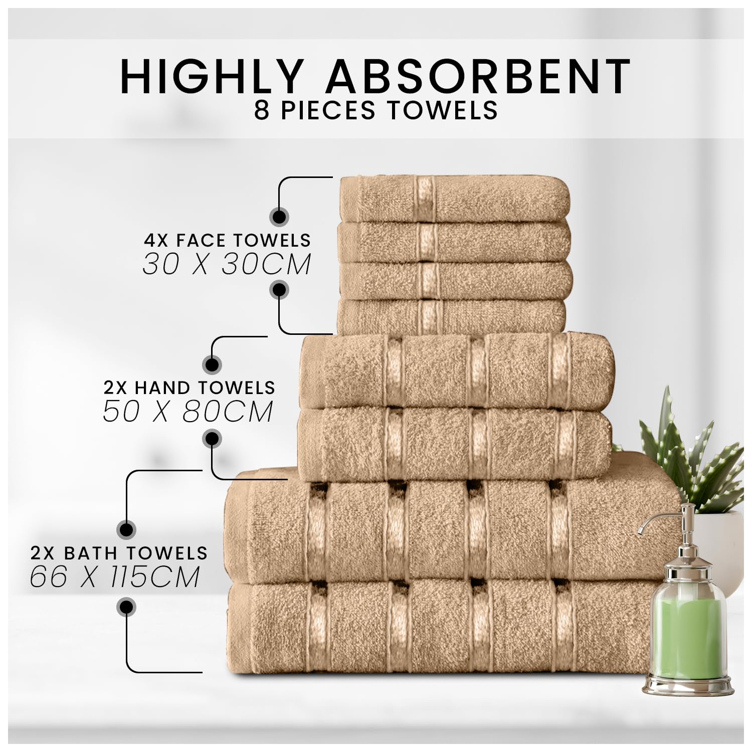 GC GAVENO CAVAILIA 8 Piece Towel Set - 450 GSM Quick Dry Cotton | Natural Color | Includes 4 Face, 2 Hand, 2 Bath Towels 2