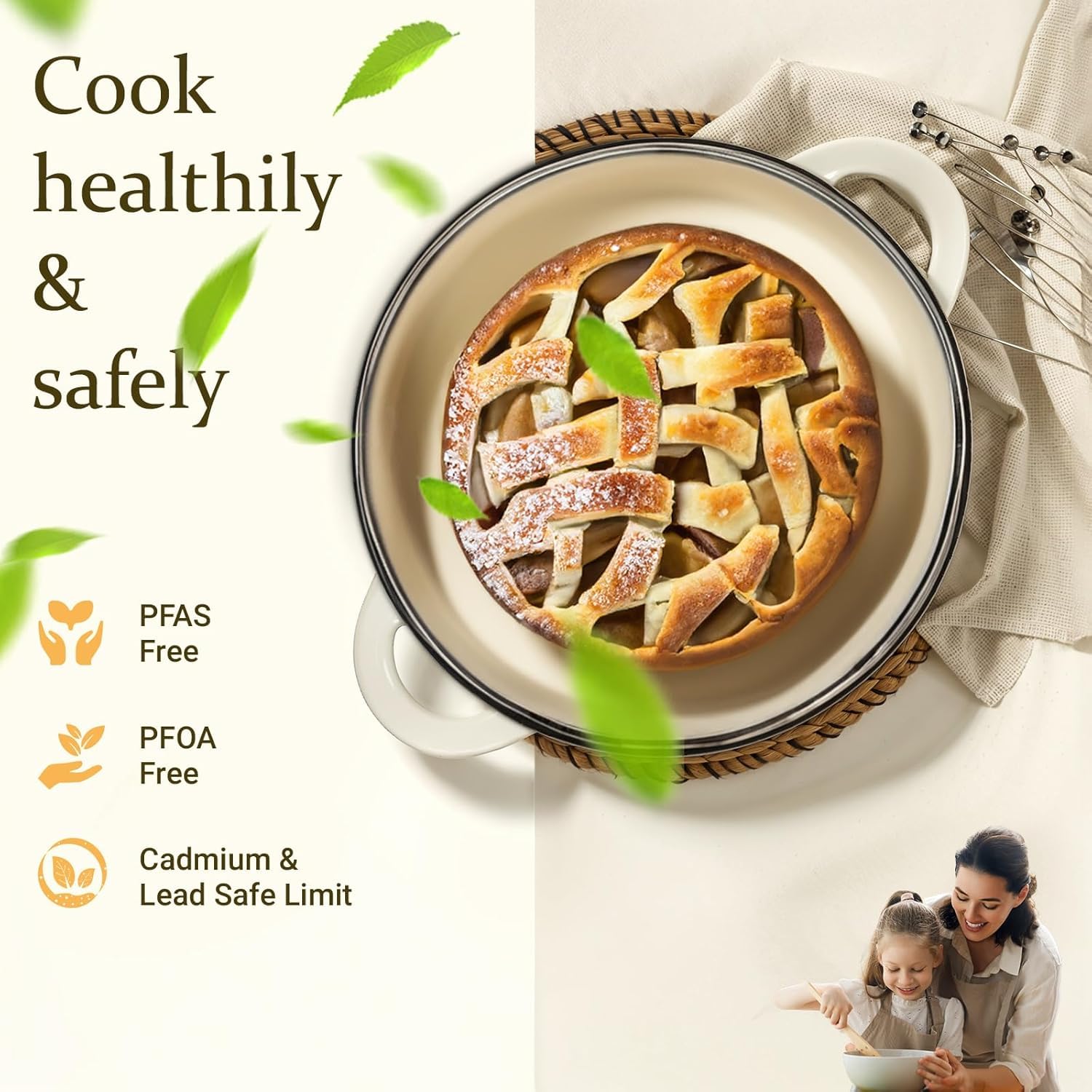 OVERMONT 24cm/4.2L Enamelled Cast Iron Round Casserole Pot with Lid | 4.5QT | Cream White 4