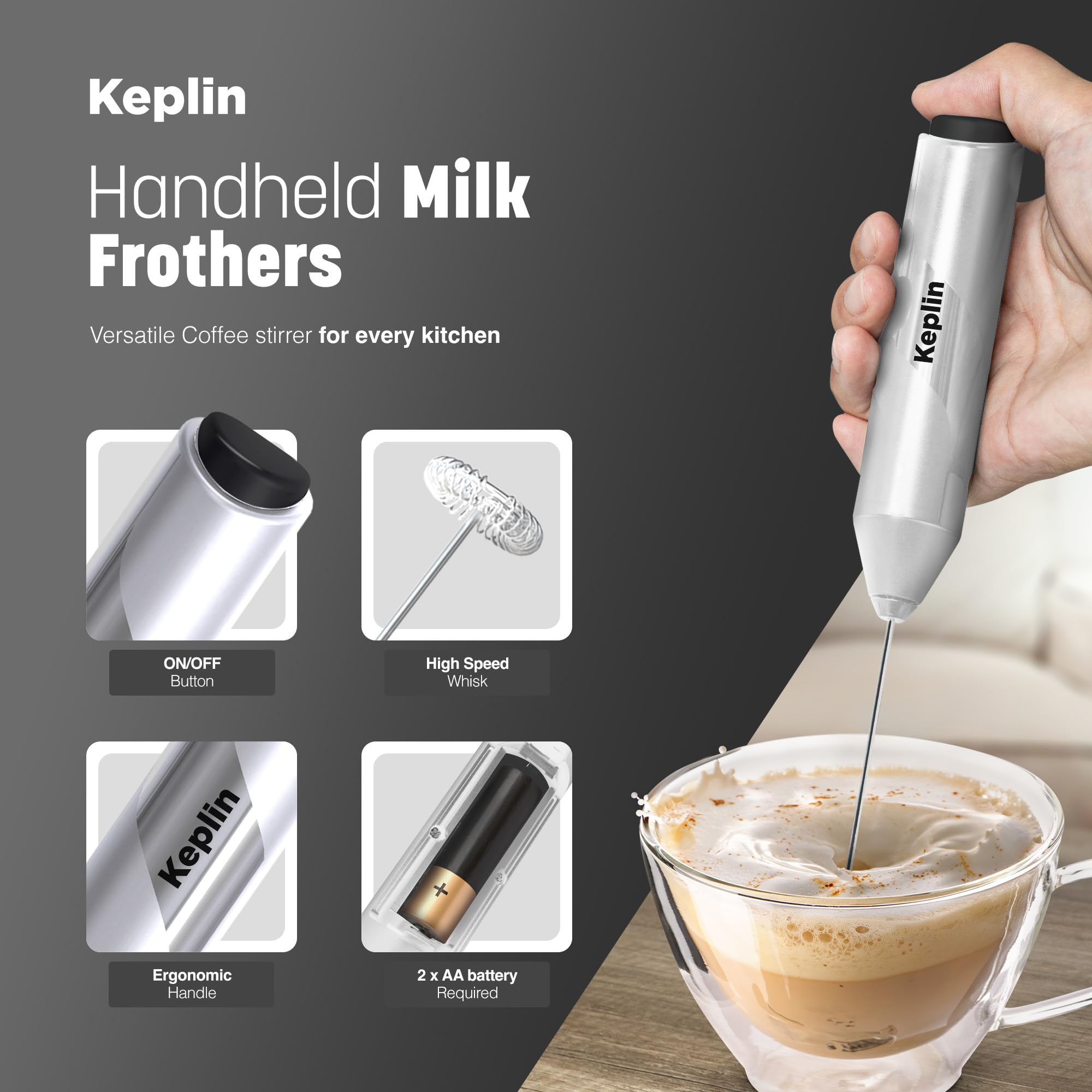 KEPLIN Handheld Milk Frother - Stainless Steel Electric Whisk | Portable | Self-Cleaning 3