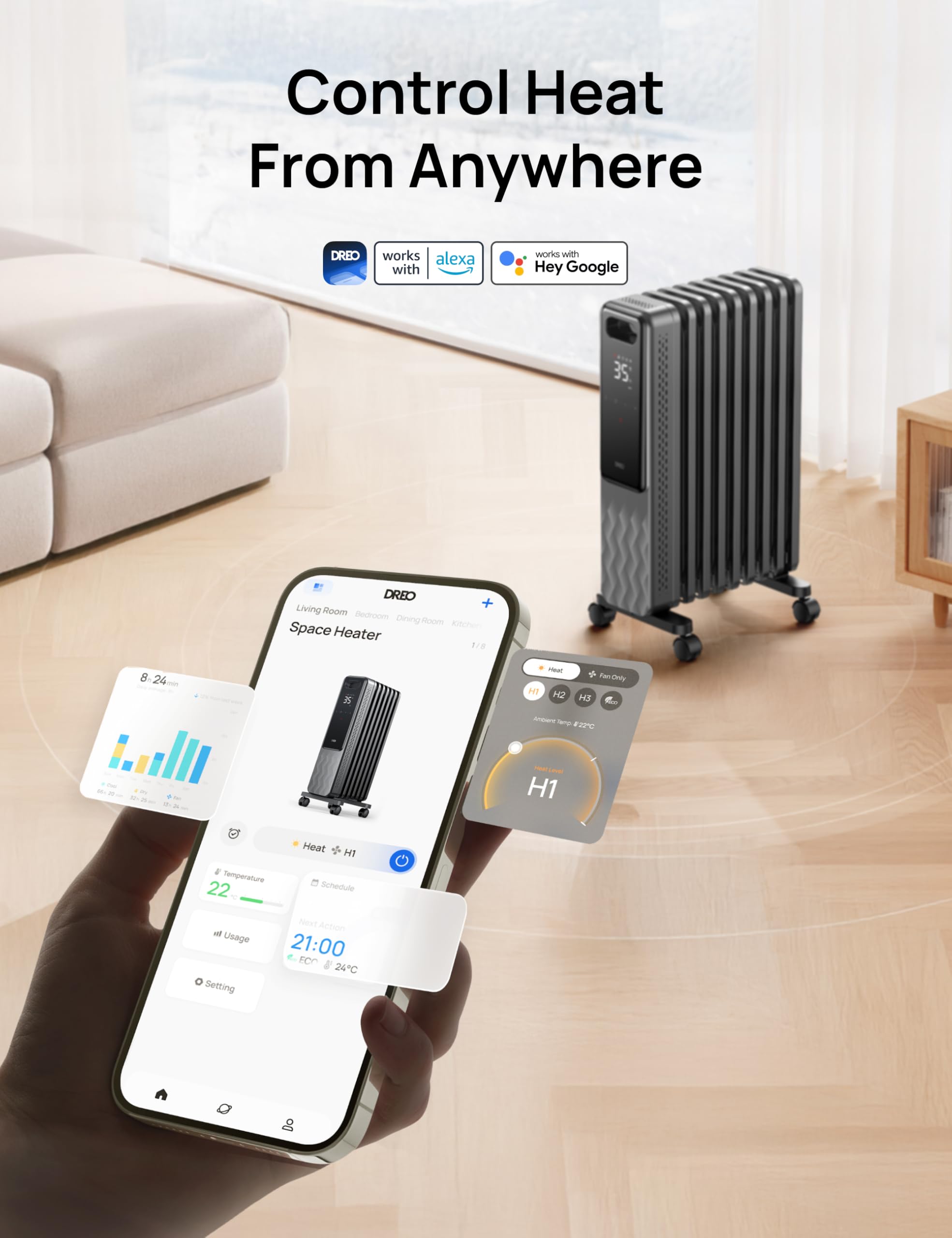 Dreo Smart 9 Fins Oil Filled Radiator Heater, 2000W Silent Electric Heater with WiFi Control | Grey 3