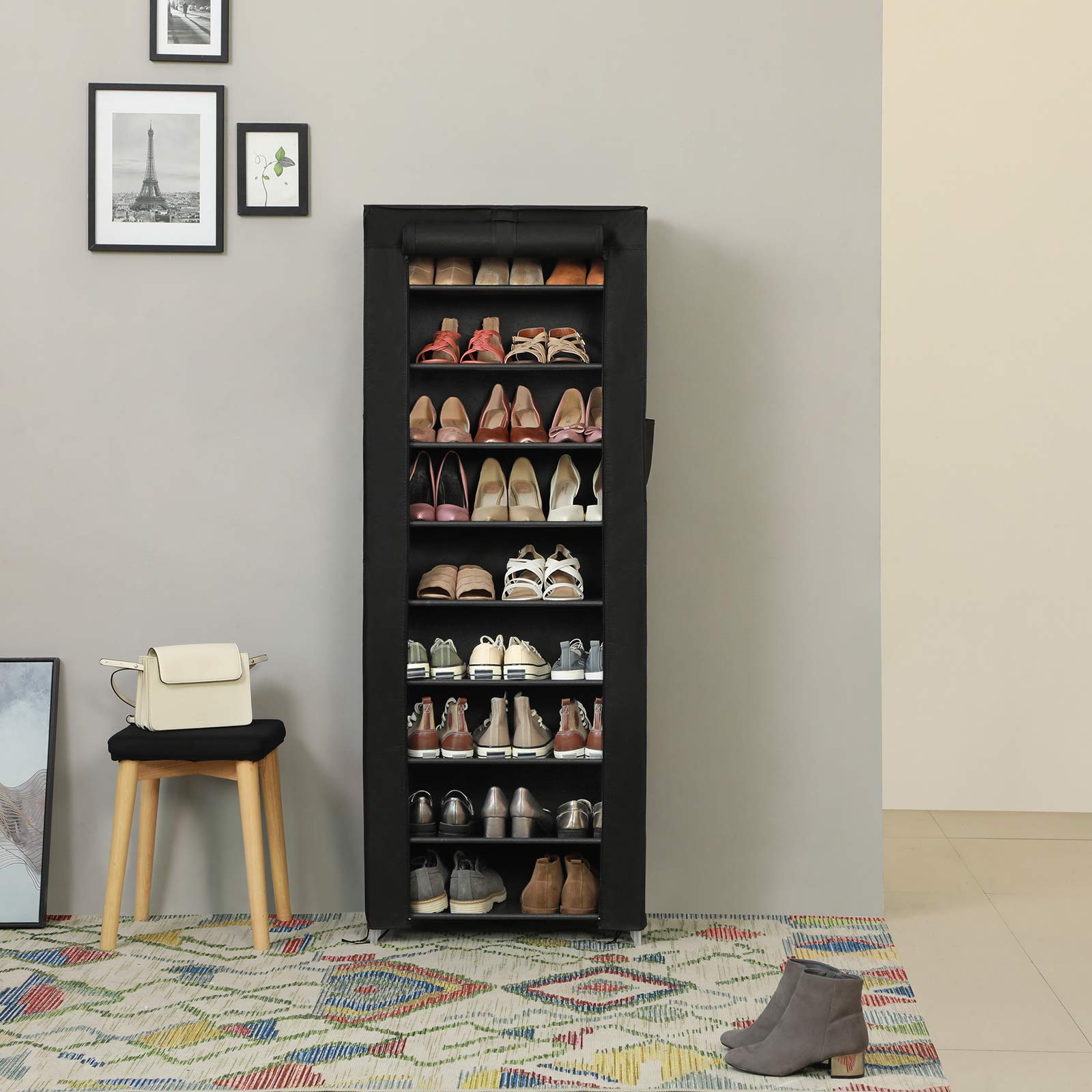SONGMICS 10-Tier Shoe Rack with Dustproof Cover | 27-35 Pairs Capacity | 58 x 28 x 160 cm | Black