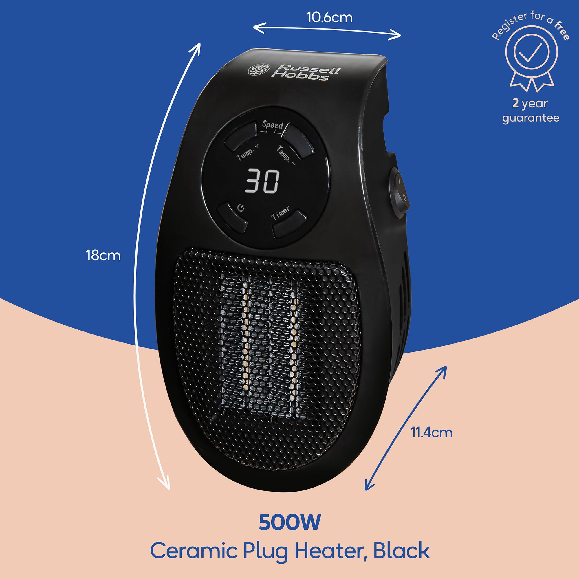 Russell Hobbs 500W Ceramic Plug Heater - Adjustable Thermostat | 15°C-30°C | 2 Fan Speeds 2