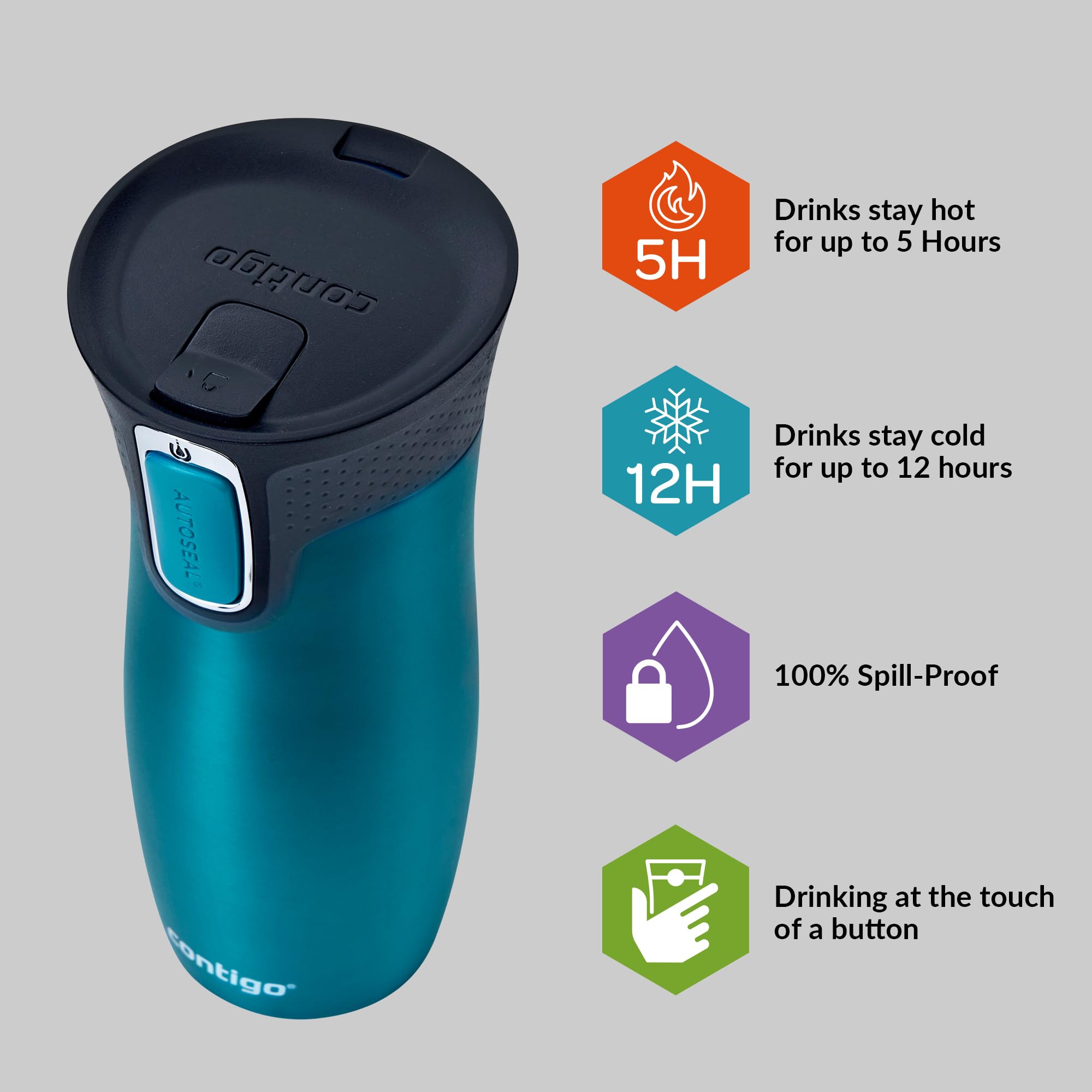 Contigo West Loop Autoseal Travel Mug - 470 ml Stainless Steel Thermal Vacuum Flask | Leakproof | Bay