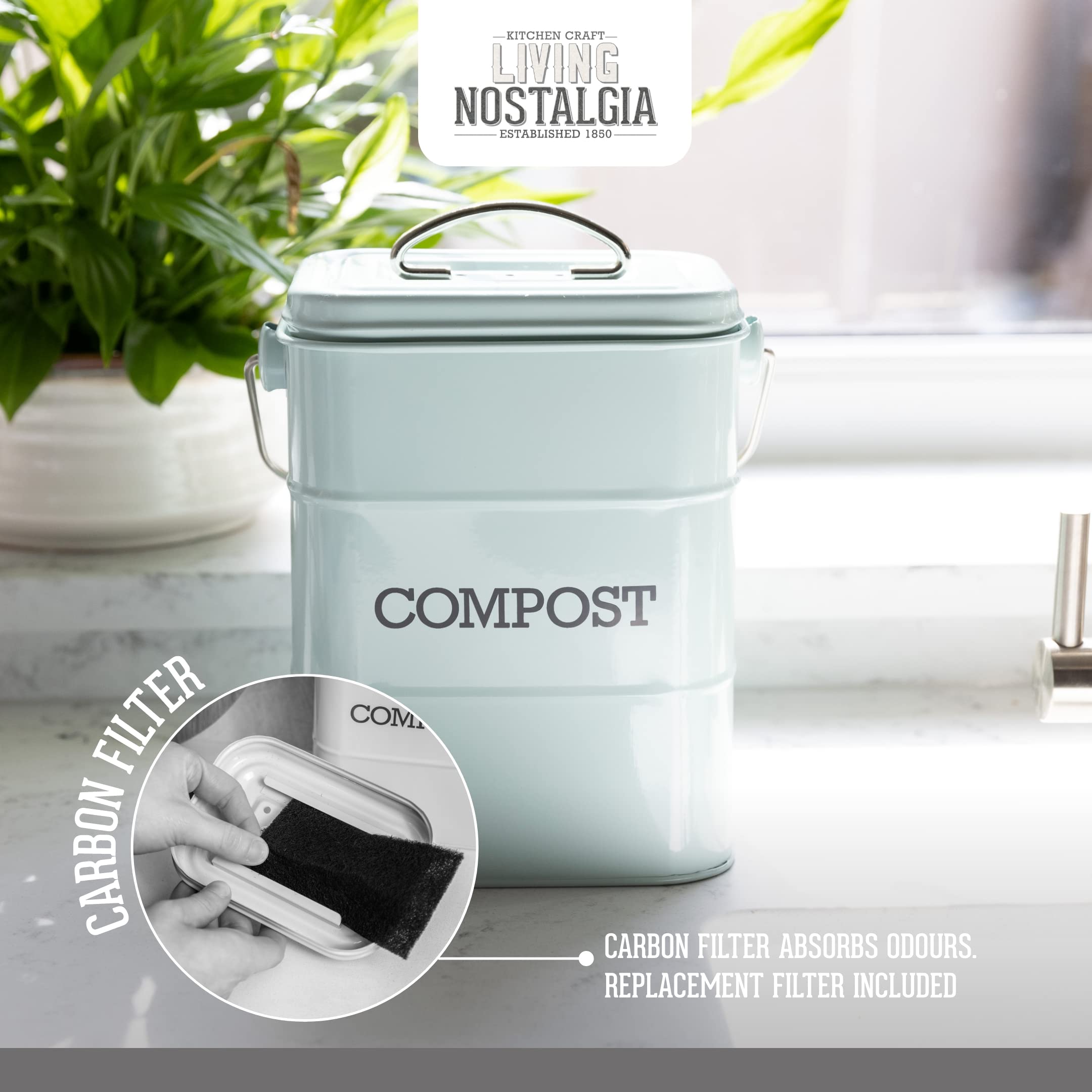 KitchenCraft Living Nostalgia Compost Bin - 3L Capacity | Carbon Steel | Duck Egg Blue 4