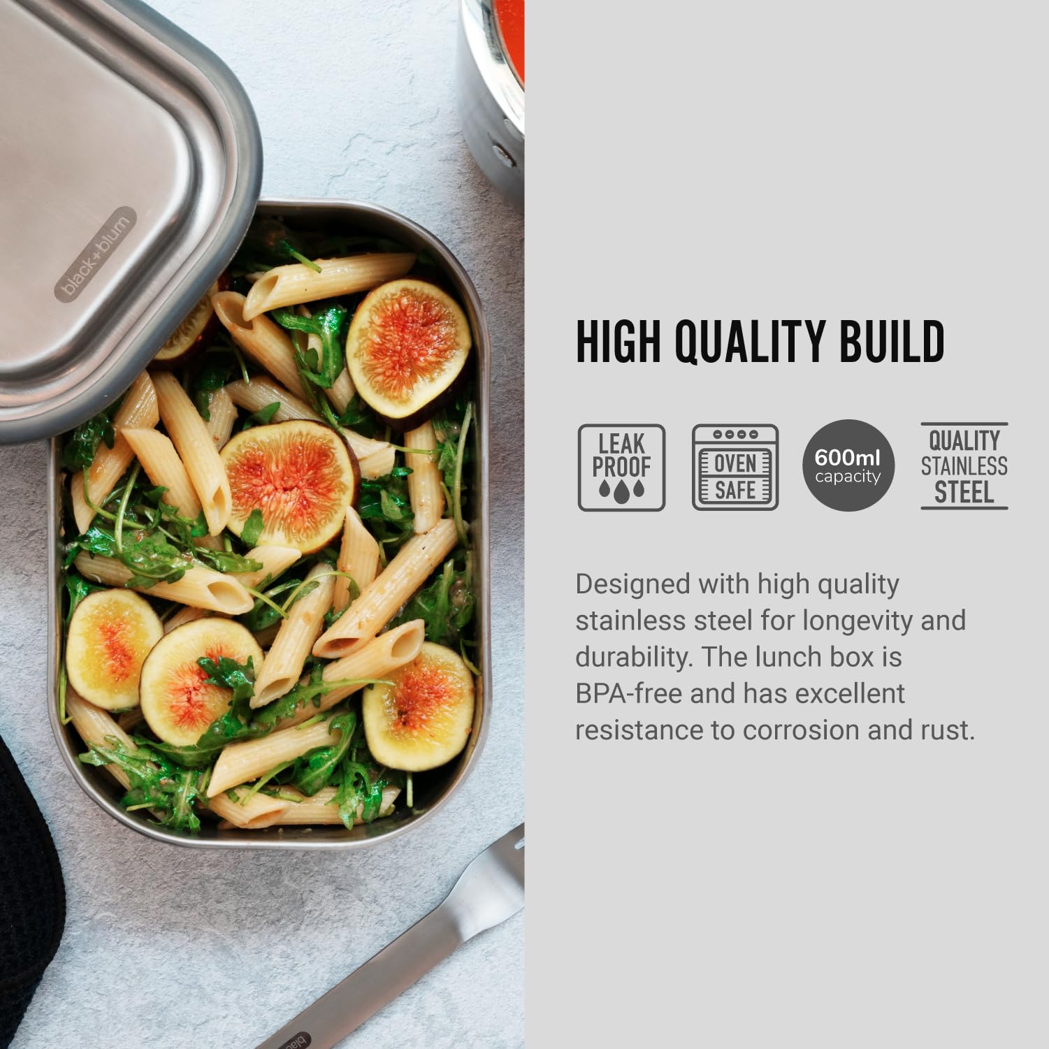 BLACK + BLUM Stainless Steel Lunch Box - 600ml Capacity, Olive, Leak Proof | Includes Fork 2