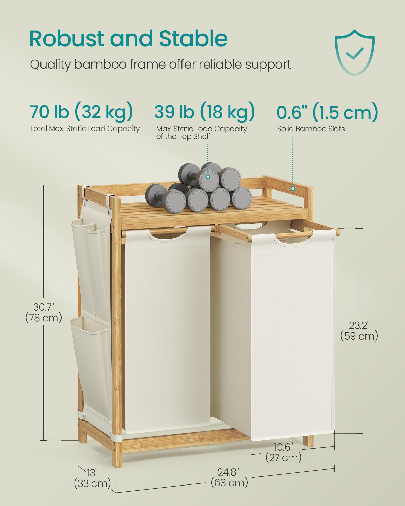 SONGMICS Bamboo Laundry Basket with 2 Compartments - 100 L Capacity | Cream White | RLH100W01 6