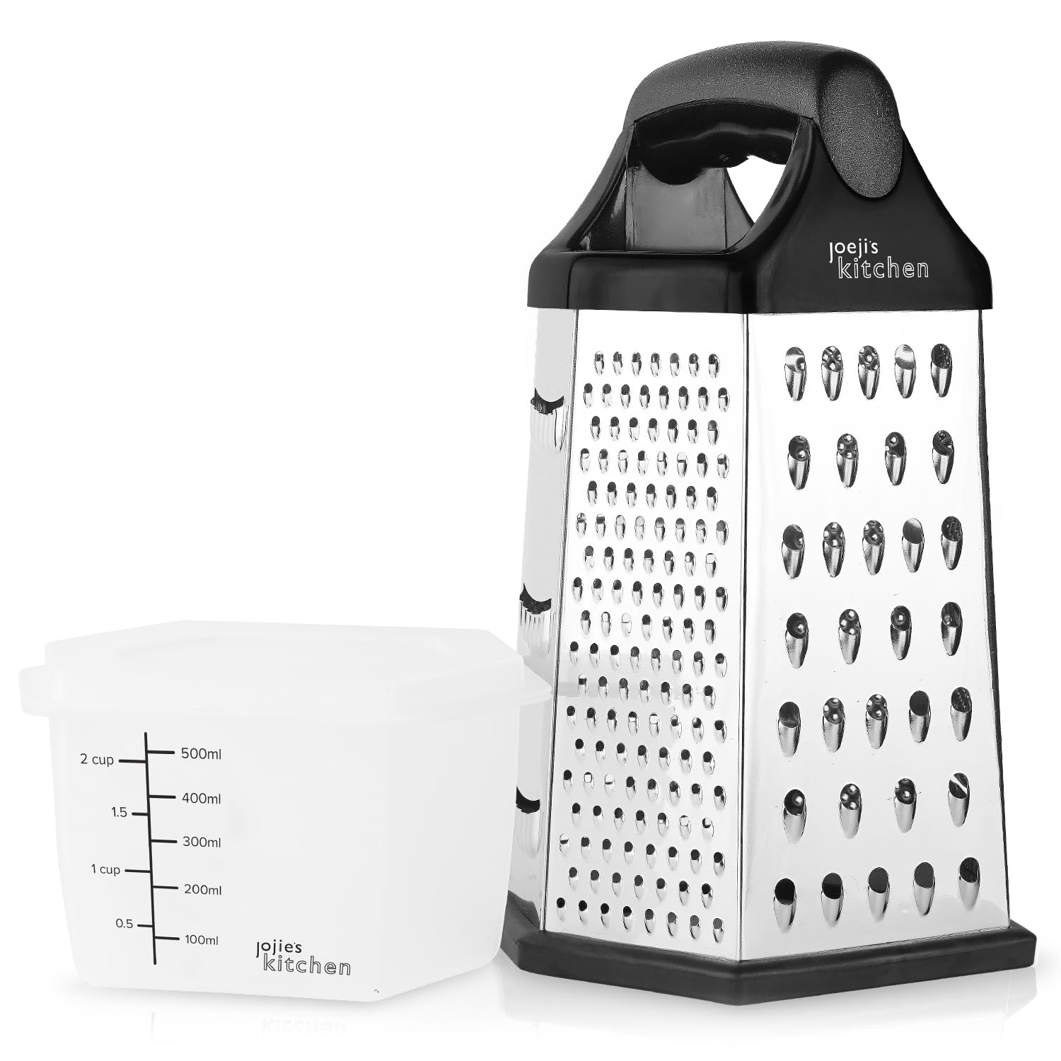joeji's Kitchen 6-Sided Stainless Steel Cheese Grater with Non-Slip Base and Container 1
