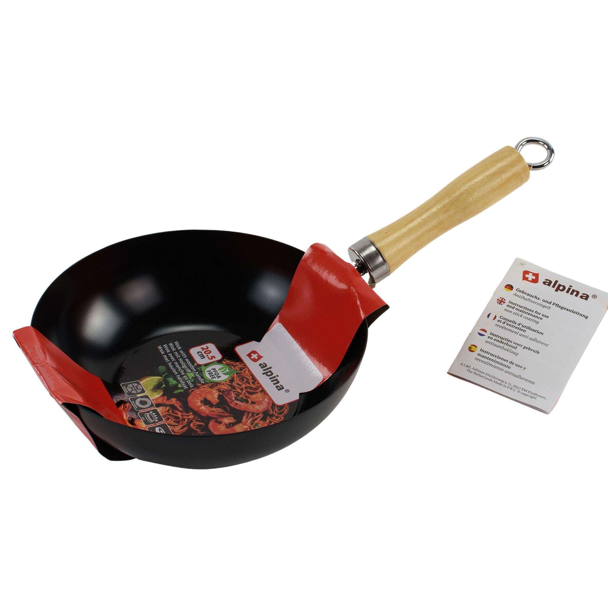 alpina Wok Pan - PFOA-Free Non-Stick Ceramic Coating | 20 cm Diameter | Gas, Electric, Halogen, Induction Compatible