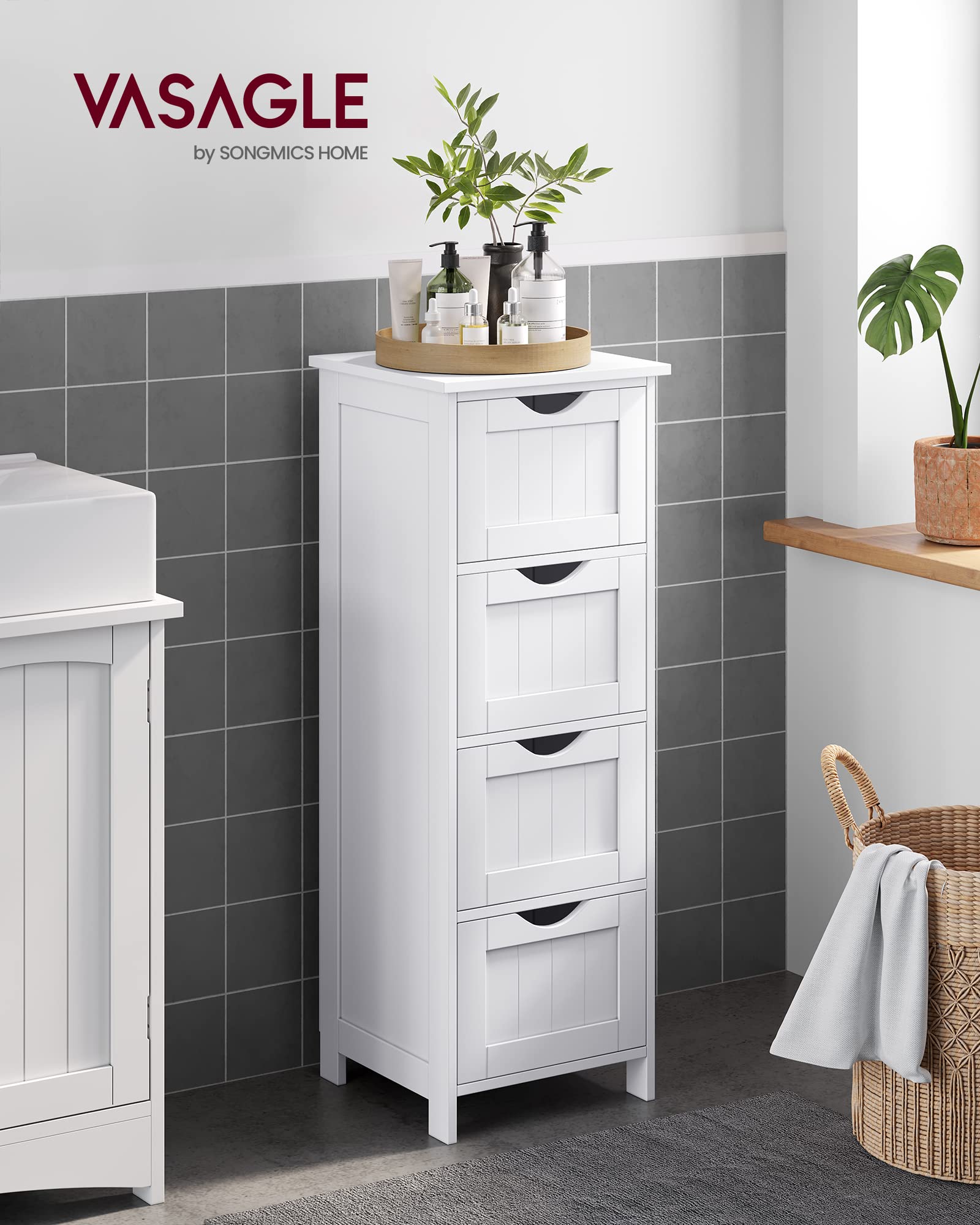 VASAGLE Bathroom Floor Storage Cabinet - 4 Drawers, Modern Style, White | 30 x 30 x 82 cm 2