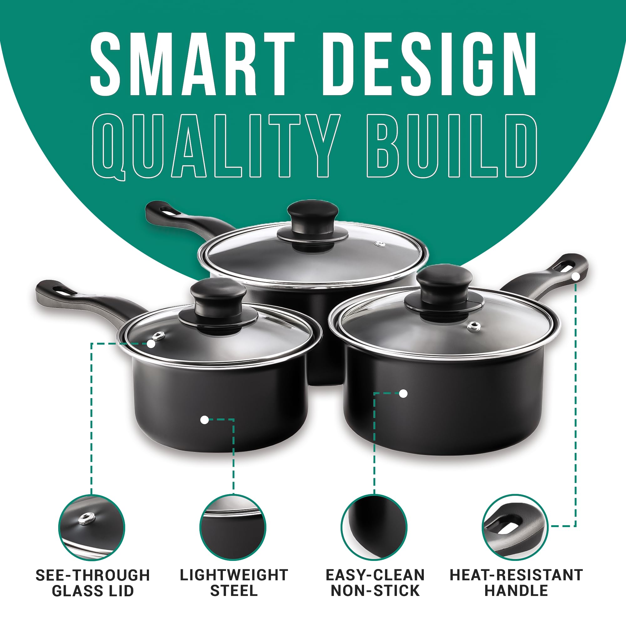 Pendeford Value Plus AP120 Saucepan Set - 3 Piece Carbon Steel Cookware with Glass Lids 4