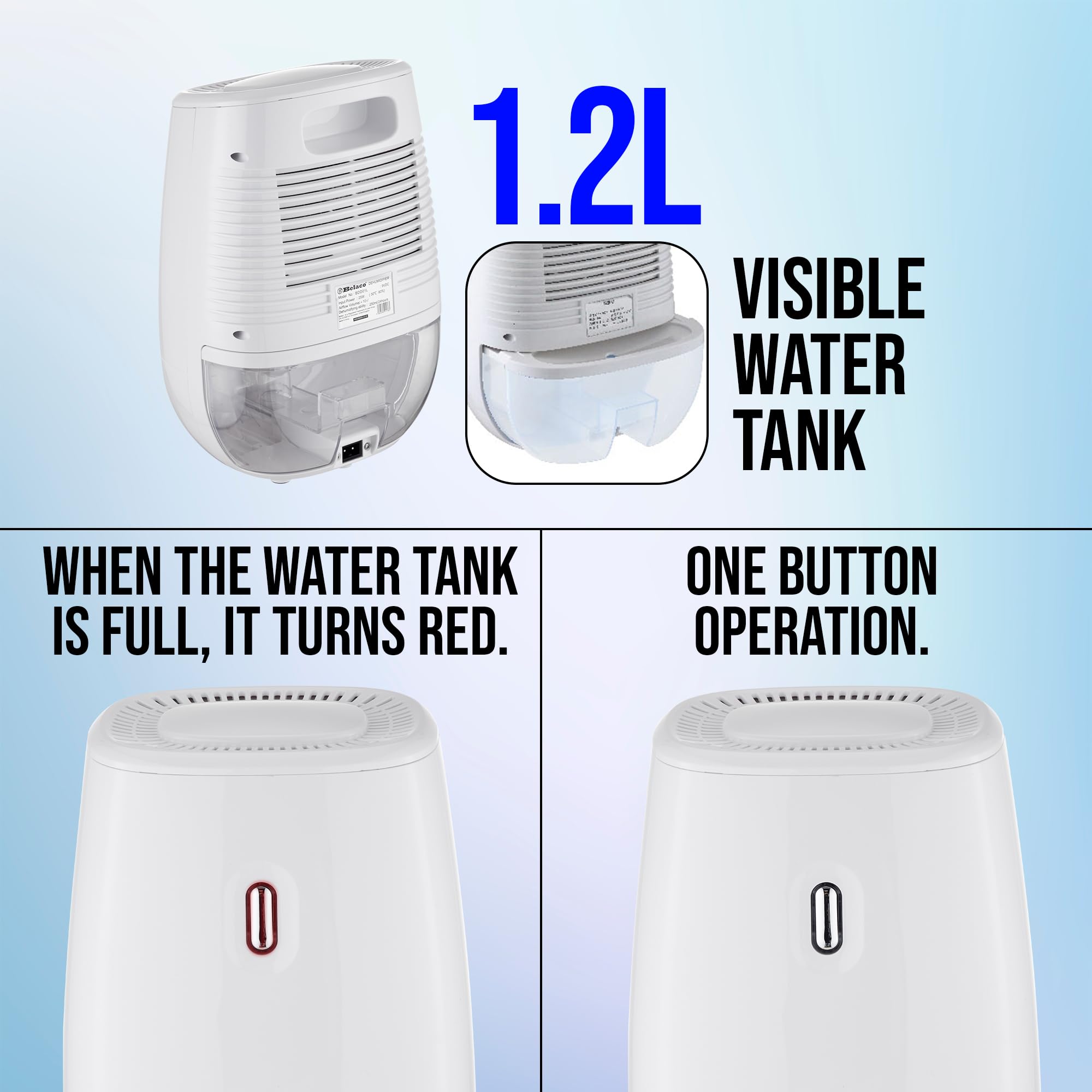 Belaco BDD01L Dehumidifier - 1200ML Tank | Ultra Quiet (<30dB) | Automatic Shutoff
