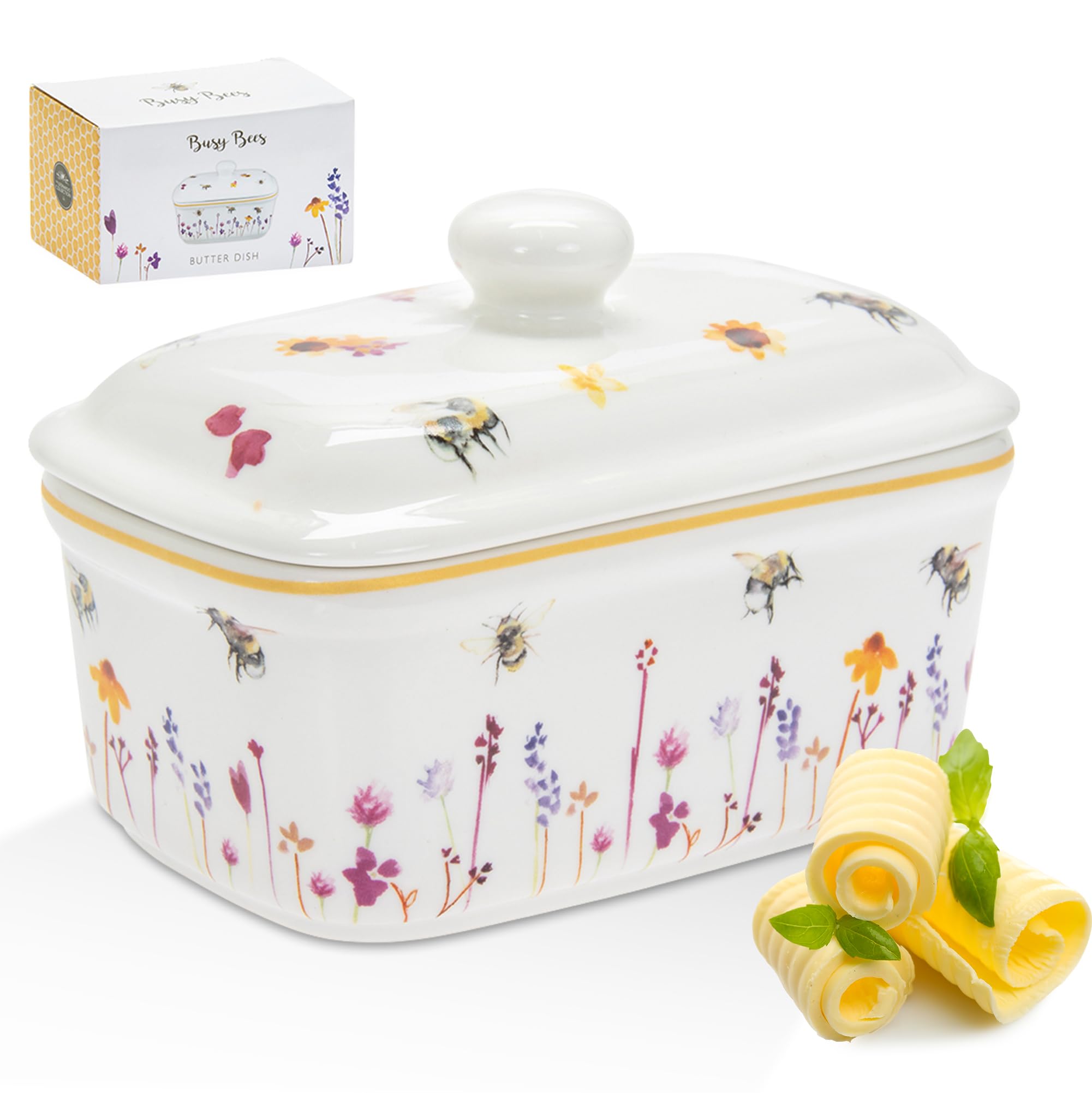 The Leonardo Collection Jennifer Rose Busy Bees Ceramic Butter Dish with Lid | 170x90x100mm | Dishwasher Safe 1