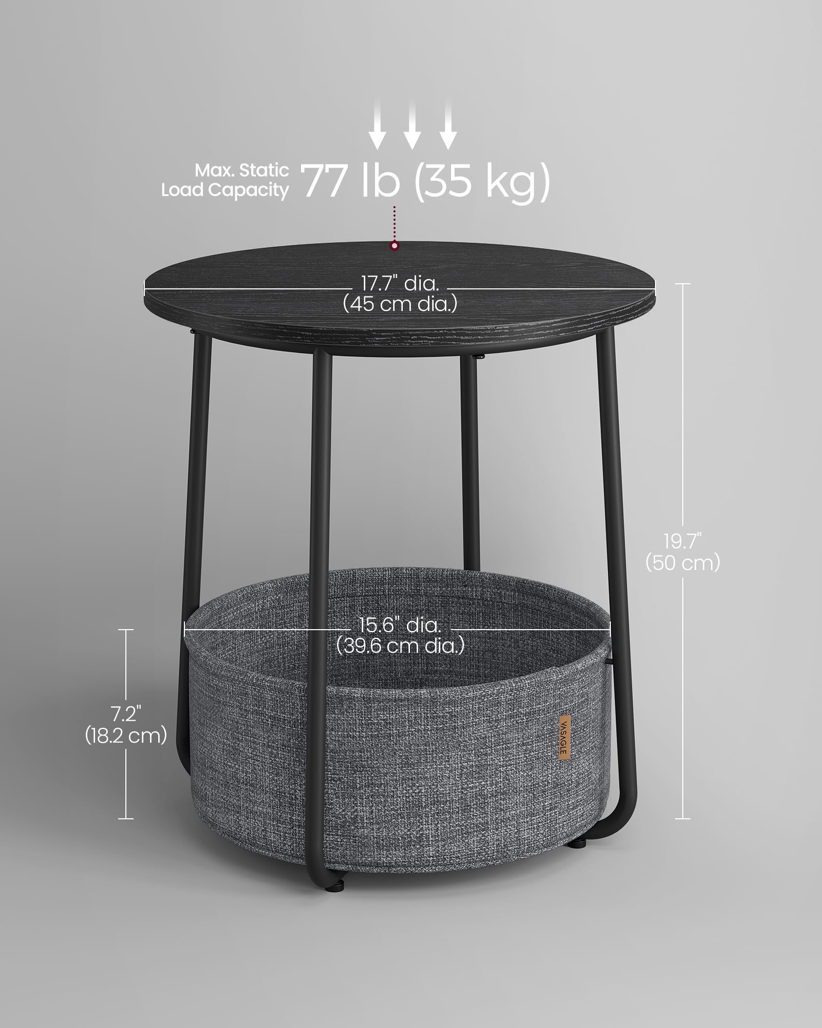 VASAGLE Round End Table with Fabric Basket | Ebony Black | 45 x 50 cm 2