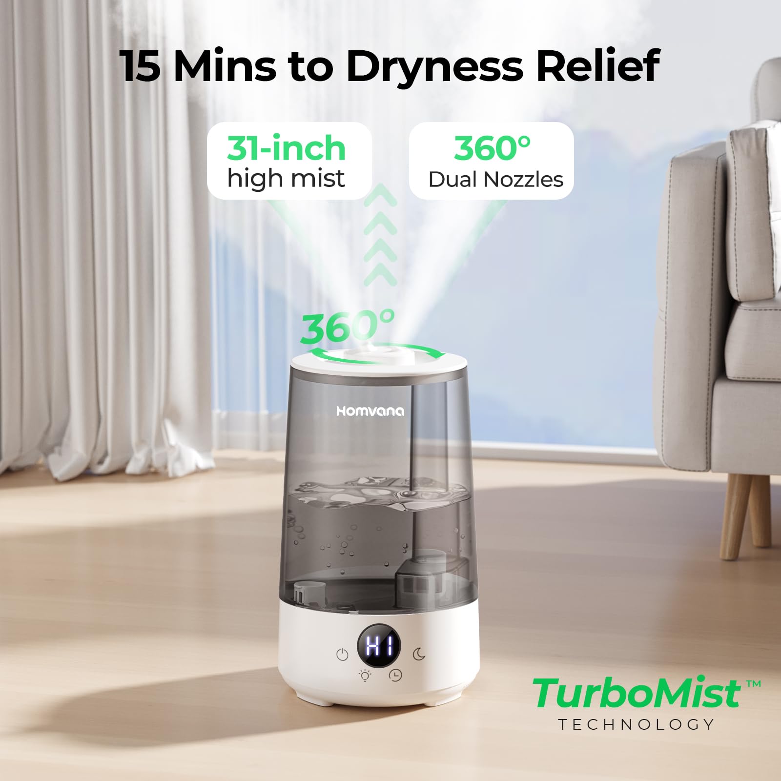 Homvana H101 3.6L Cool Mist Humidifier for Bedroom | Quiet Operation | 34-Hour Runtime 3