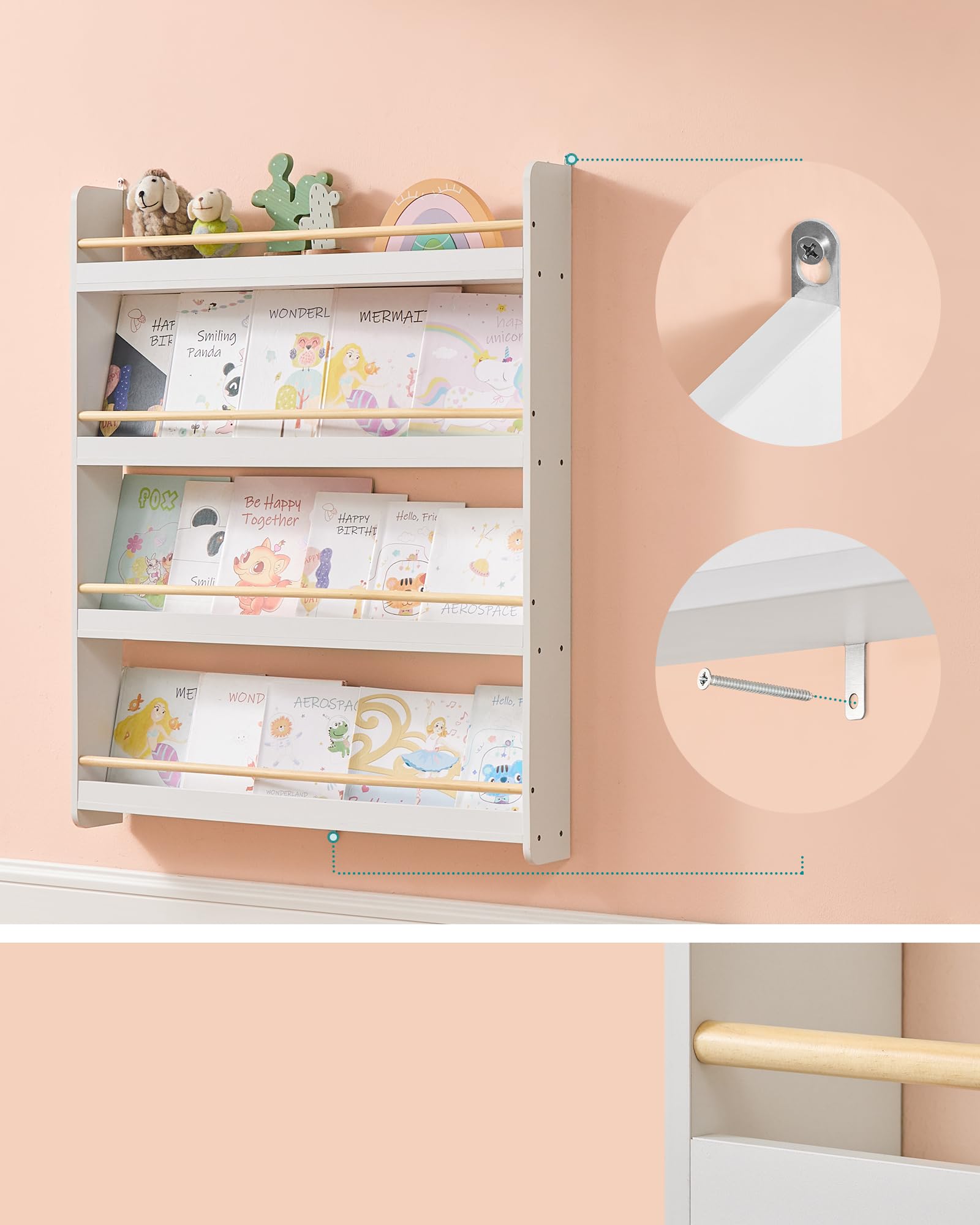 SONGMICS Kids Bookshelf - 4-Tier Wall Mounted Bookcase for Children | Pine Engineered Wood | Natural White 5