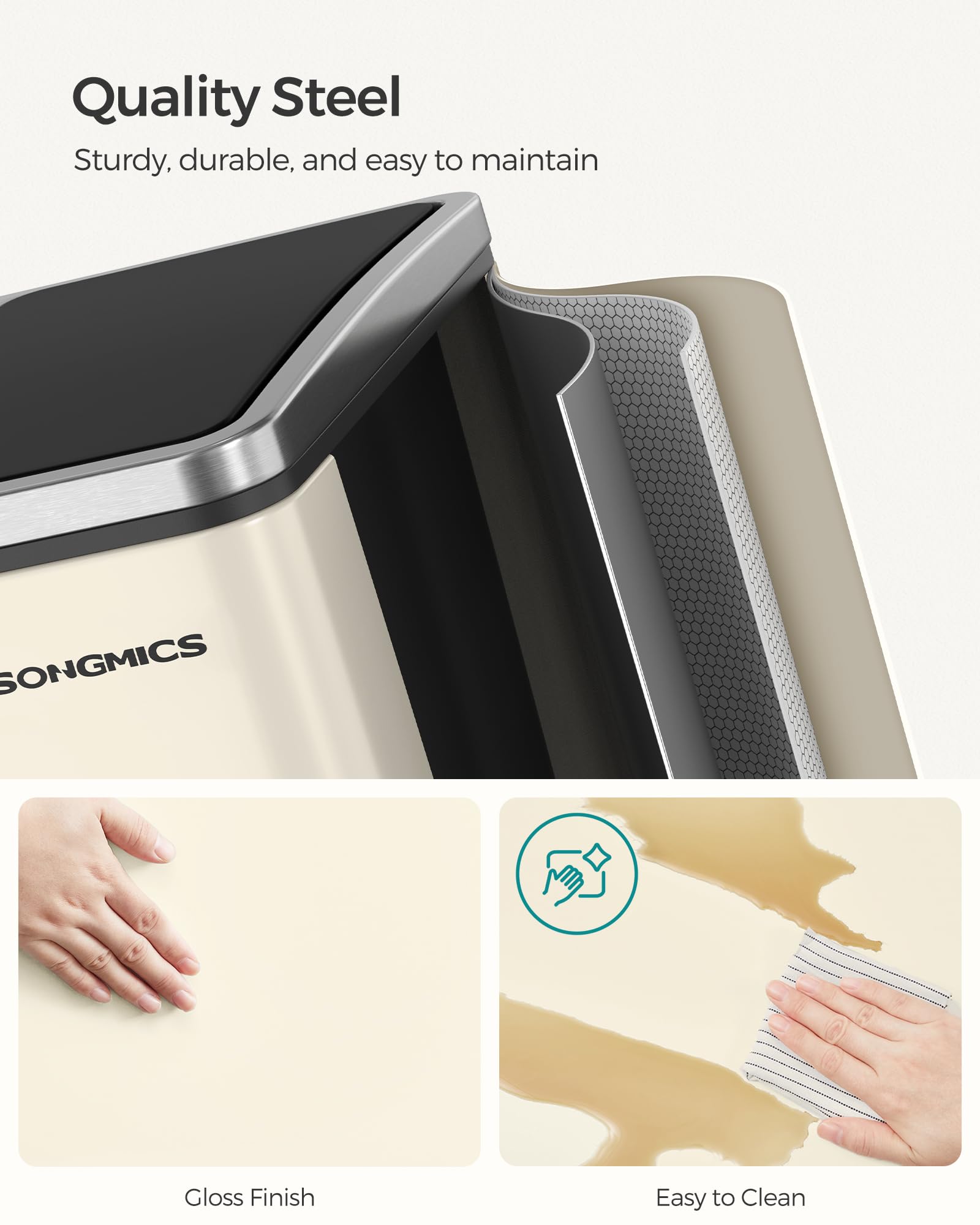 SONGMICS 3 Compartment Kitchen Recycling Bin, 3 x 18L Capacity, Steel, Sandy Beige | Soft-Close Lids 4