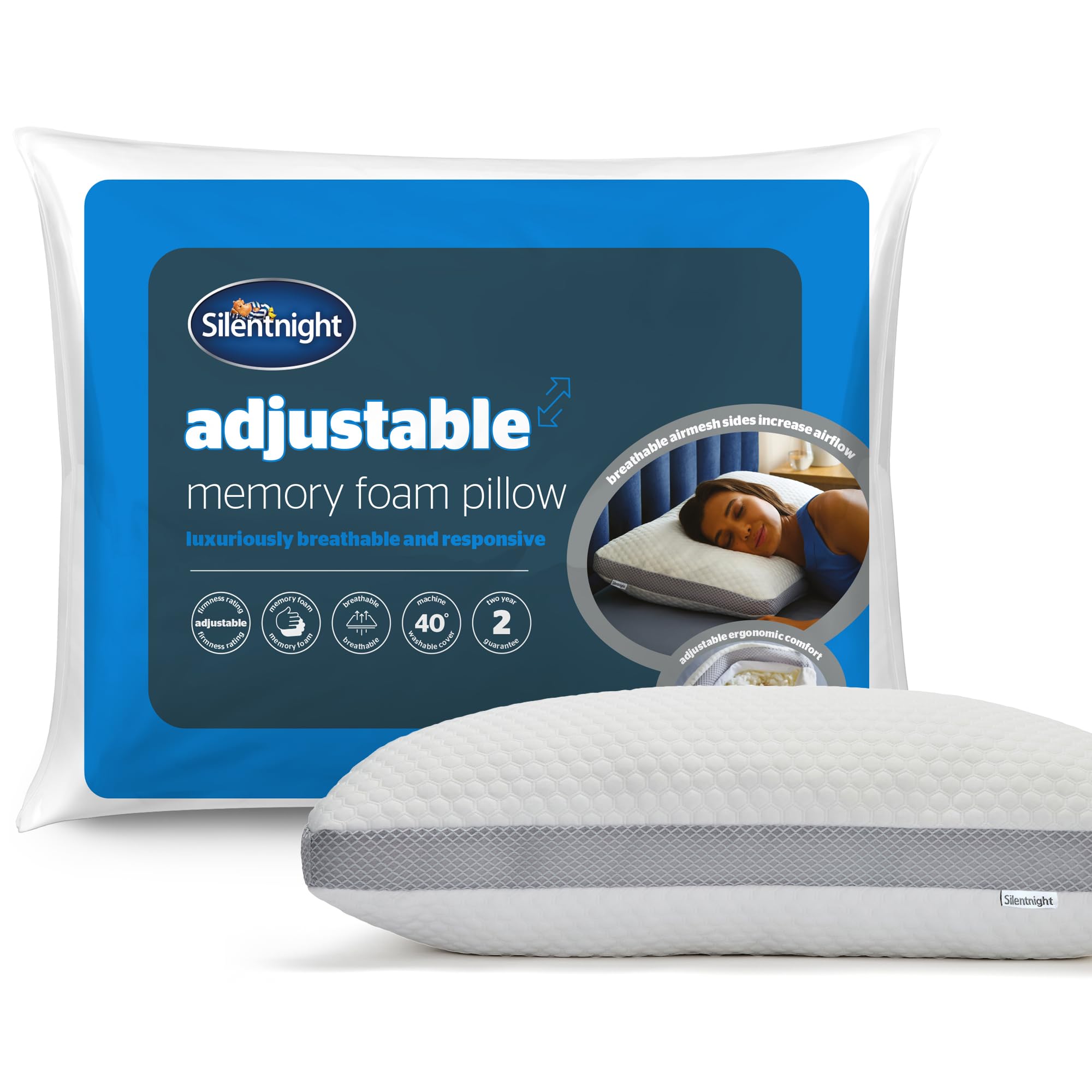 Silentnight Adjustable Shredded Memory Foam Standard Pillow - Hypoallergenic, White, 1 Pack