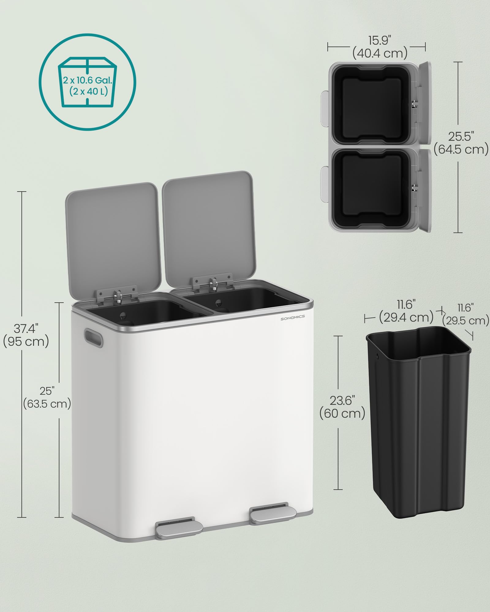 SONGMICS Dual Recycling Bin - 2 Compartments 80L Total | Soft Close | White/Grey 7