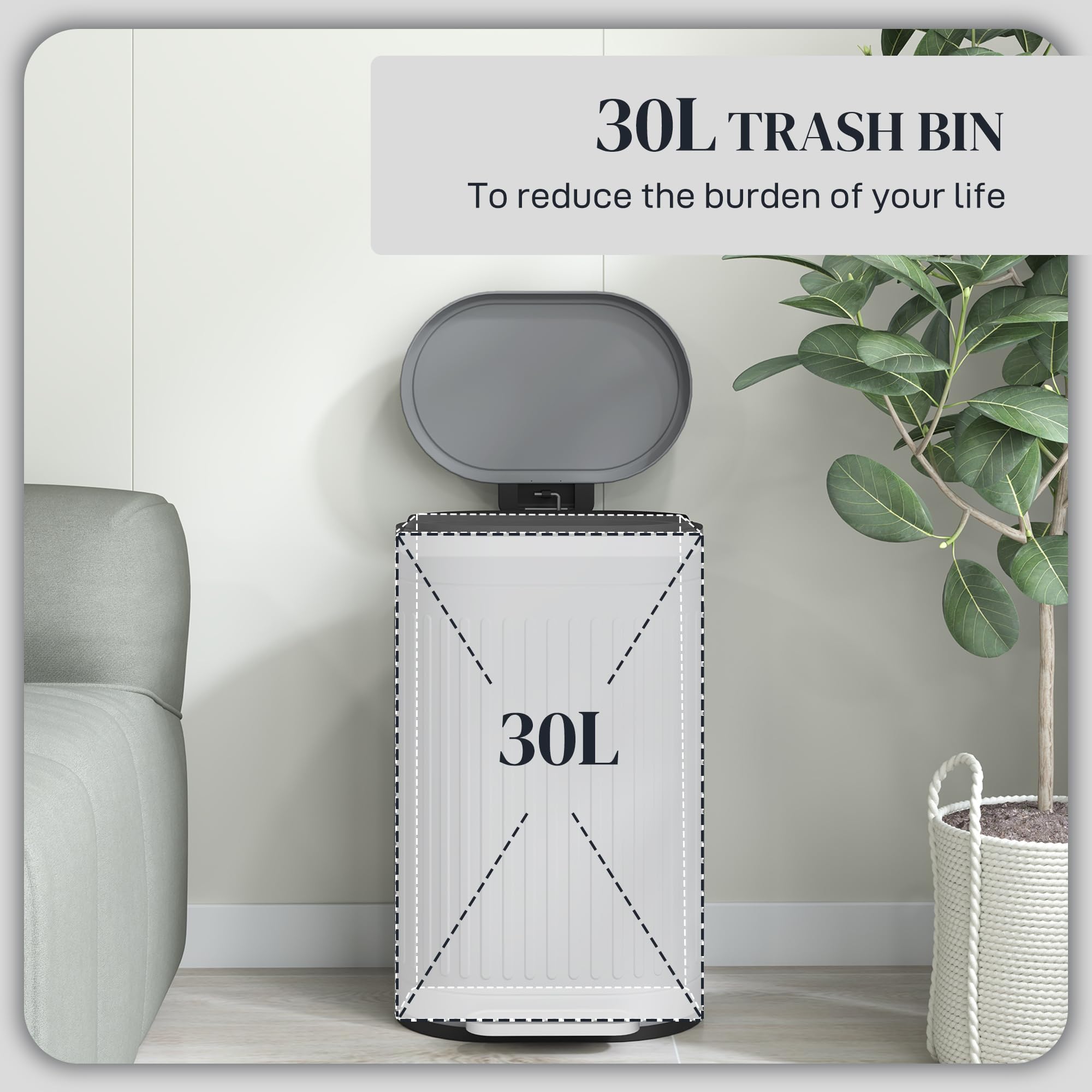 HOMCOM 30L Pedal Bin - Fingerprint-Proof Metal Kitchen Trash Can with Soft-Close Lid 3