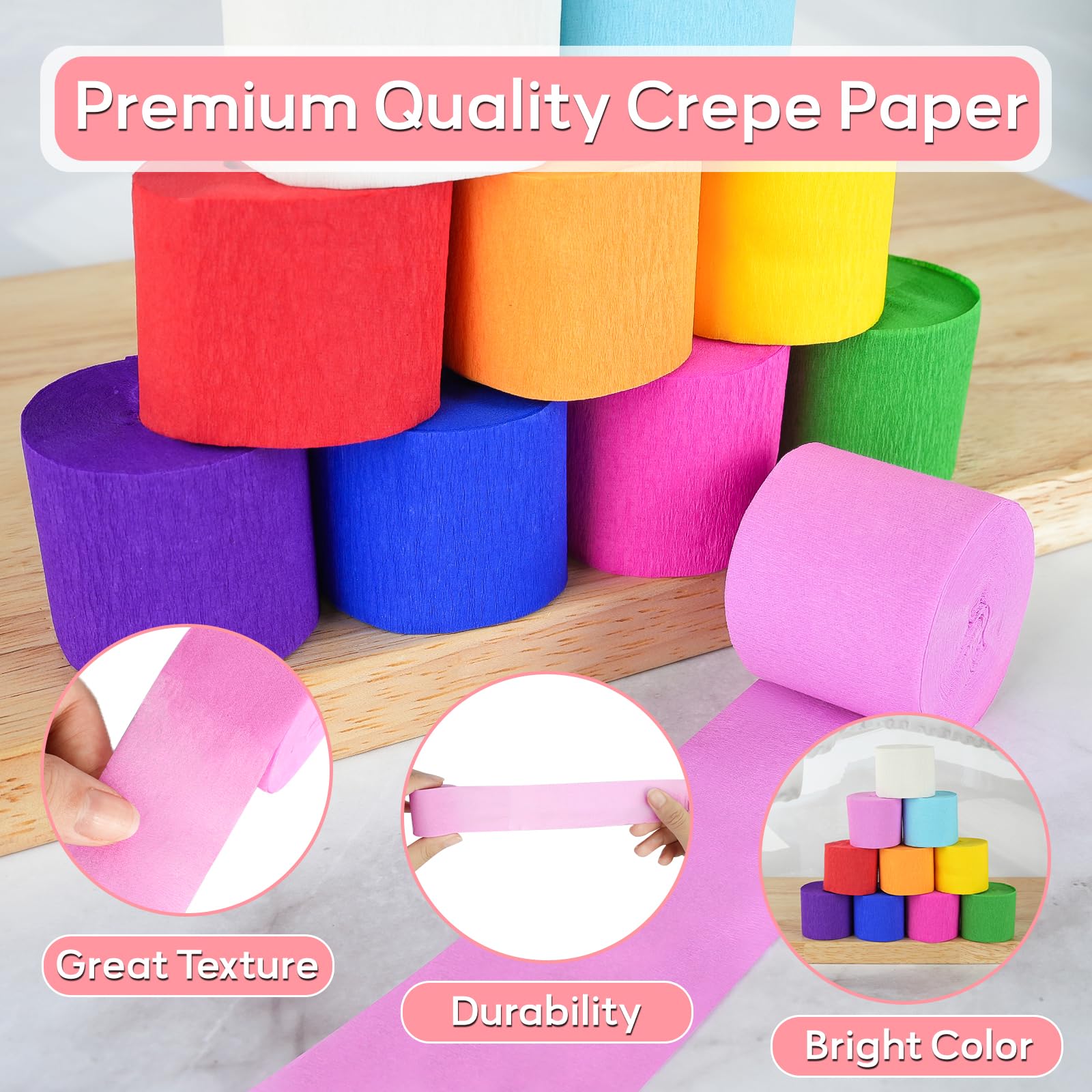MOXYOY Crepe Paper - 10 Rolls Hanging Rainbow Streamers | 3.5cm x 10m Each | Vibrant & Durable 2