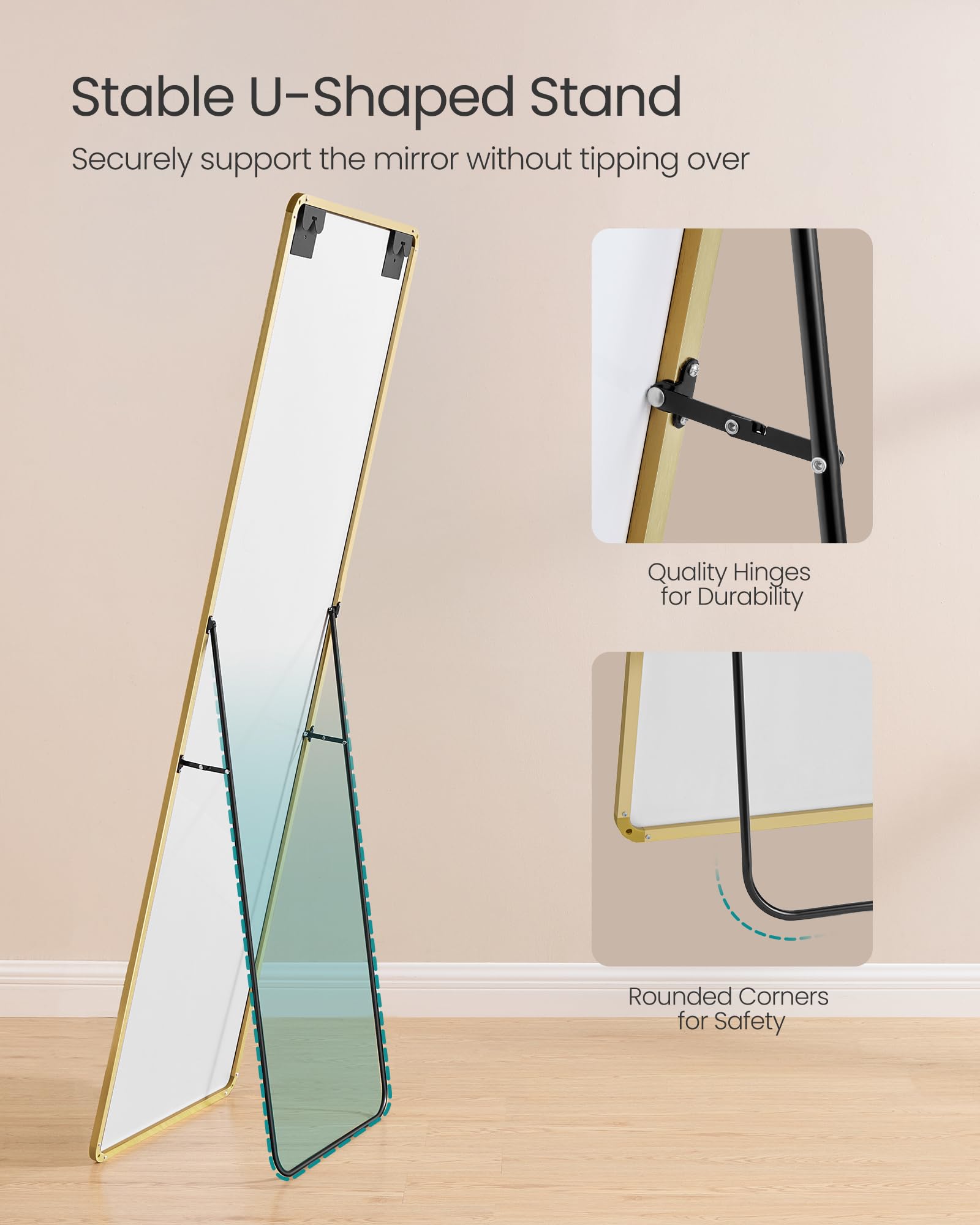 SONGMICS Full Length Floor Mirror - 160 x 50 cm | Pale Gold Aluminium Frame | Shatterproof 5