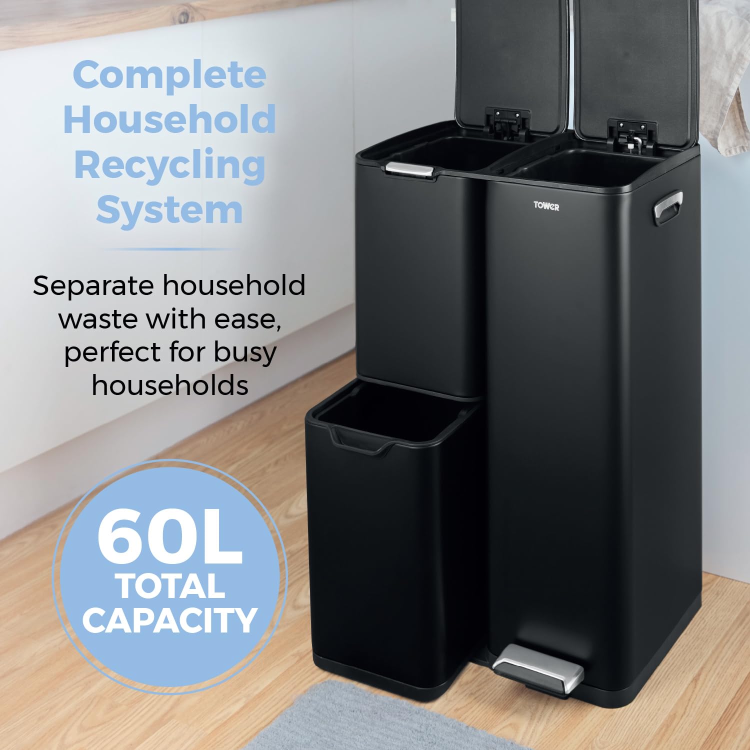 Tower Recycling Pedal Bin - 60L Capacity | 3 Compartments | Carbon Steel 3