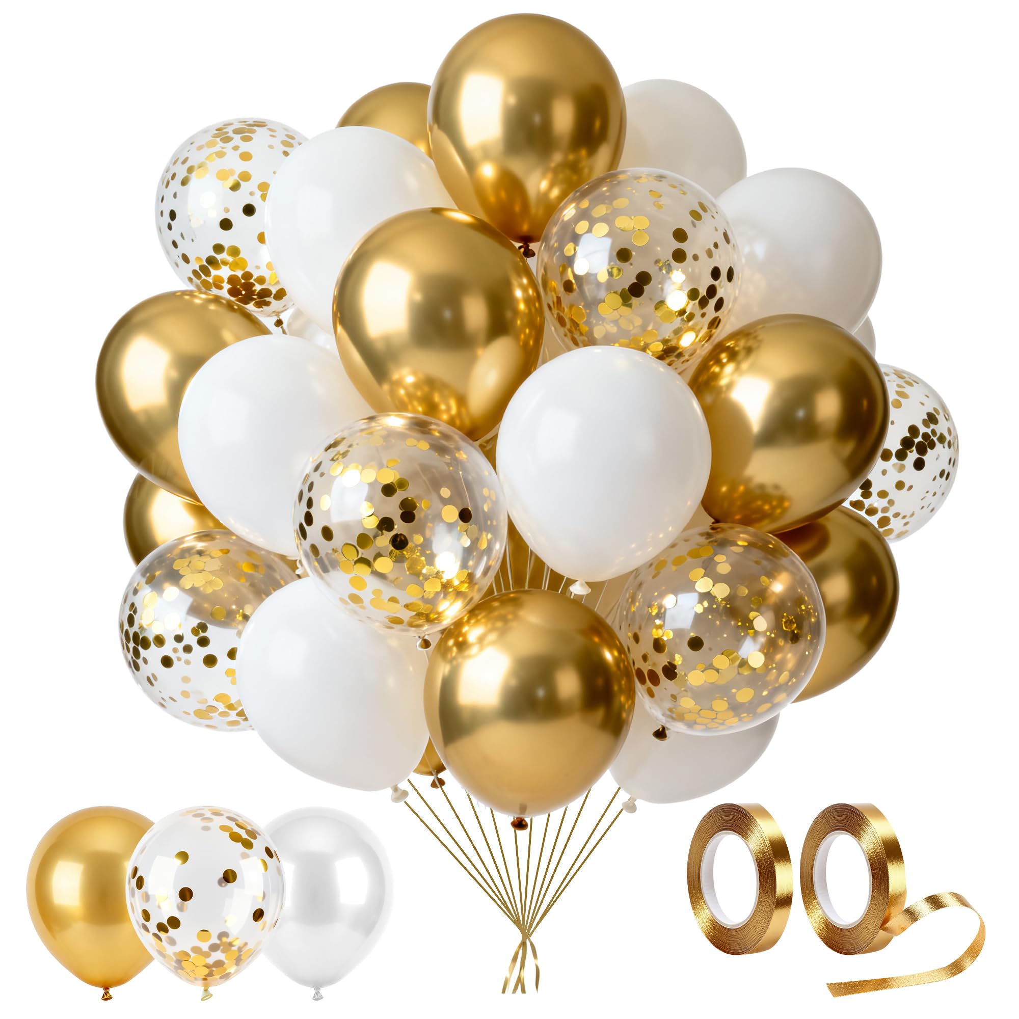 Vonsera Gold and White Balloons Set - 70 Pcs Assortment with Gold Ribbon | Latex Material 1