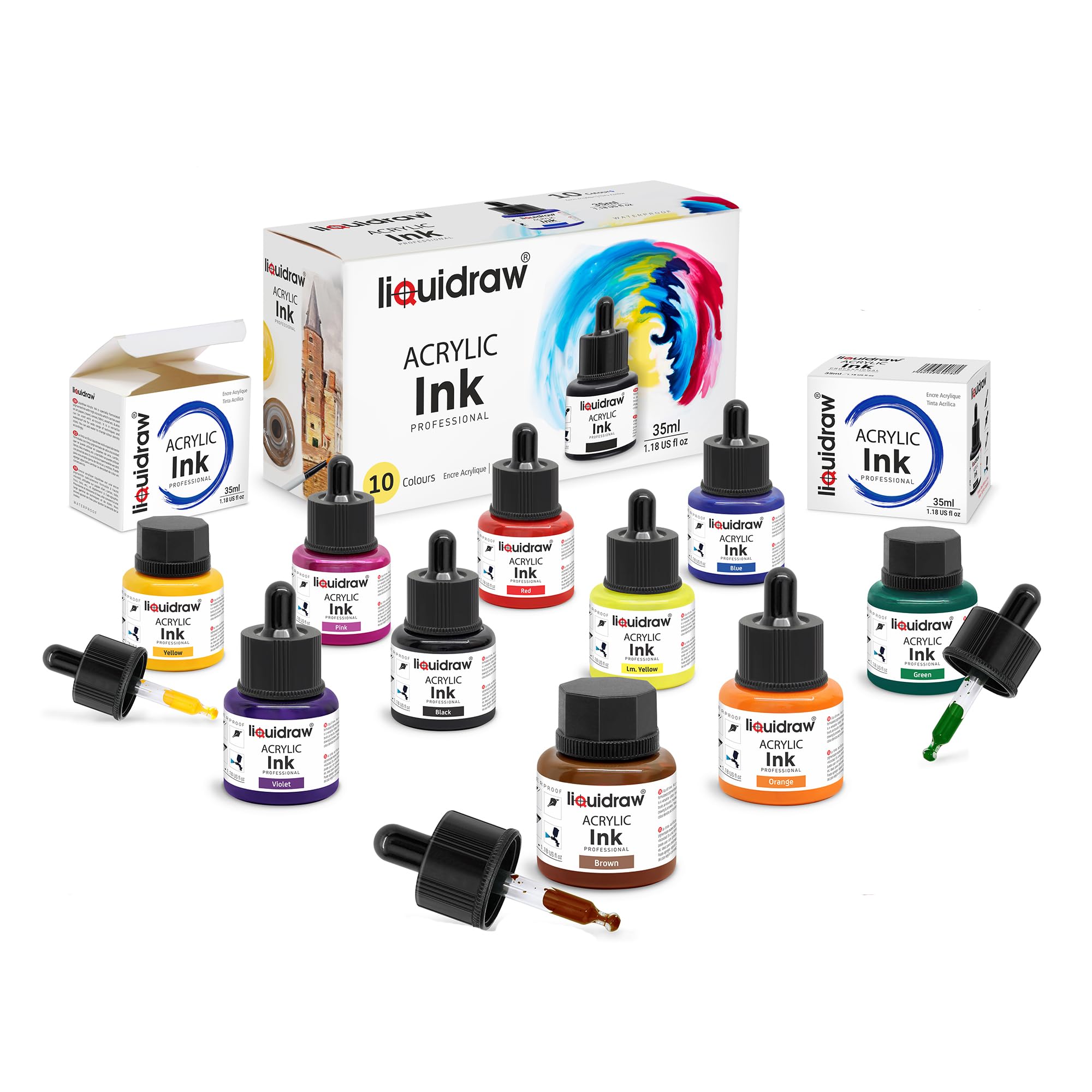 Liquidraw Acrylic Drawing Ink - 10 Assorted Colours | 35 ml Bottles 1