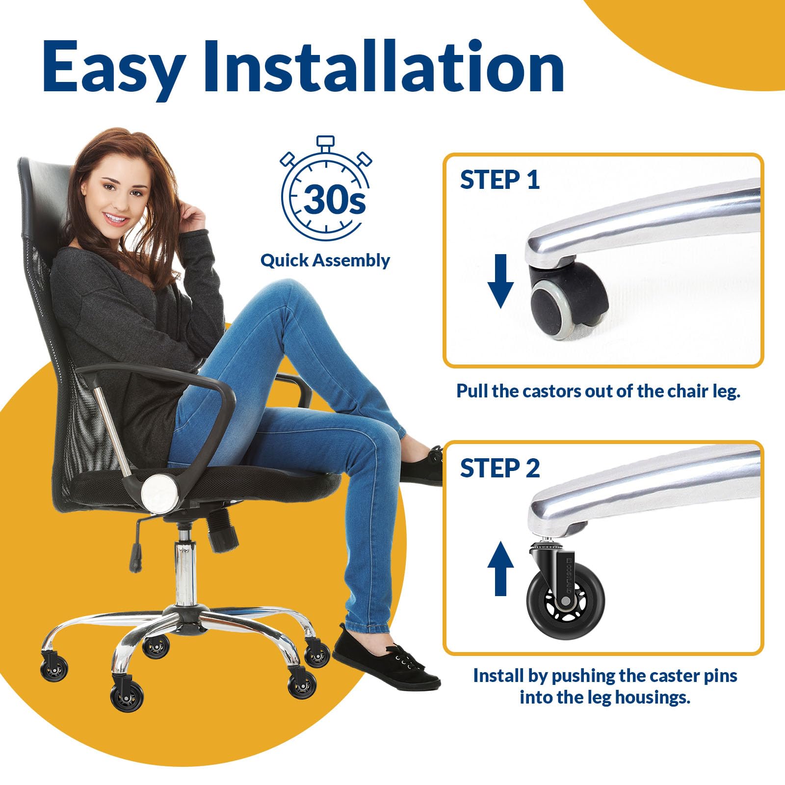 COSYLAND Office Chair Wheels Set of 5 - Heavy-Duty Rubber Roller Blade Castors | 650 lbs Capacity | Universal Stem 4