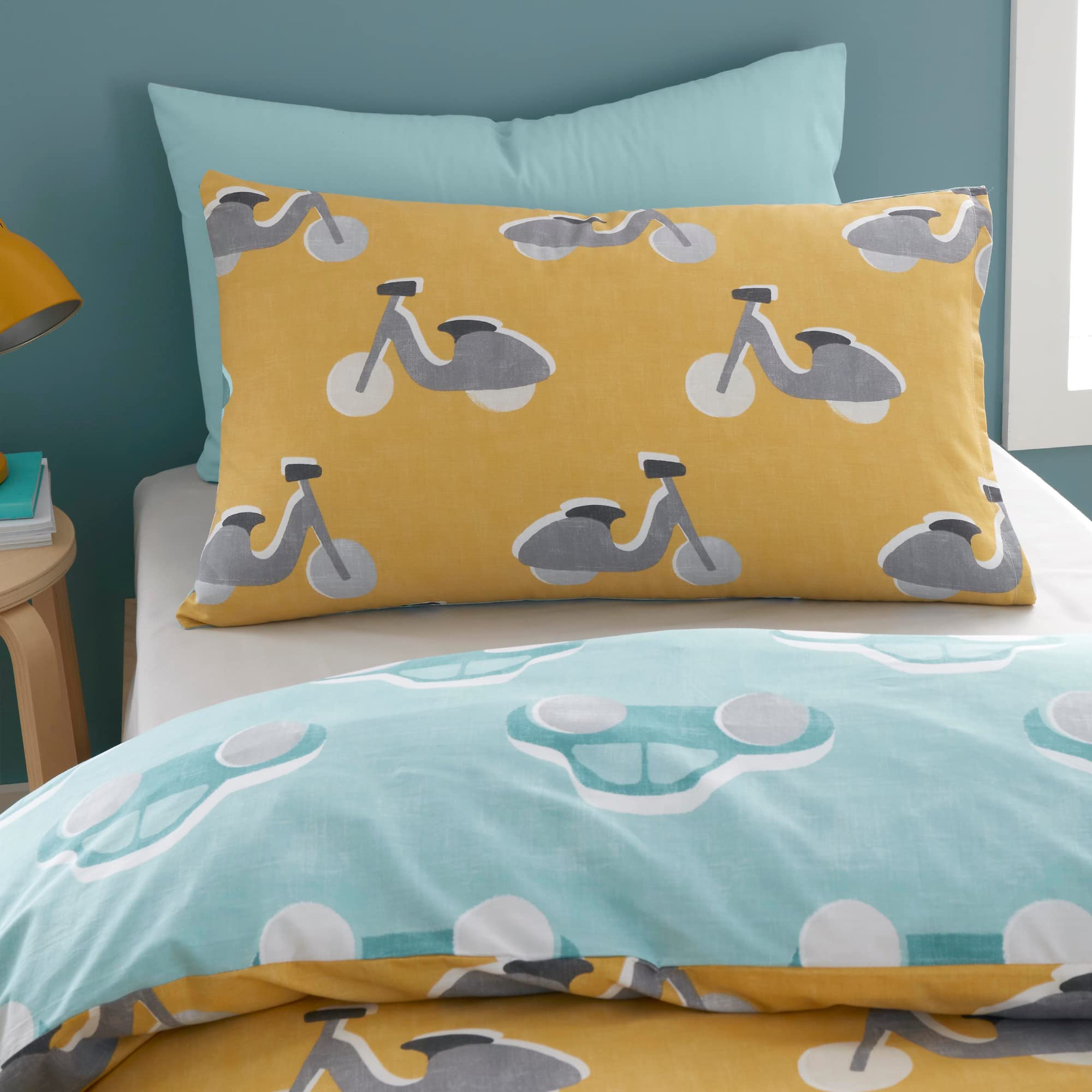 Bedlam Cool Cars Reversible Duvet Cover Set - 100% Cotton, Single Size (Duck Egg/Yellow) 5