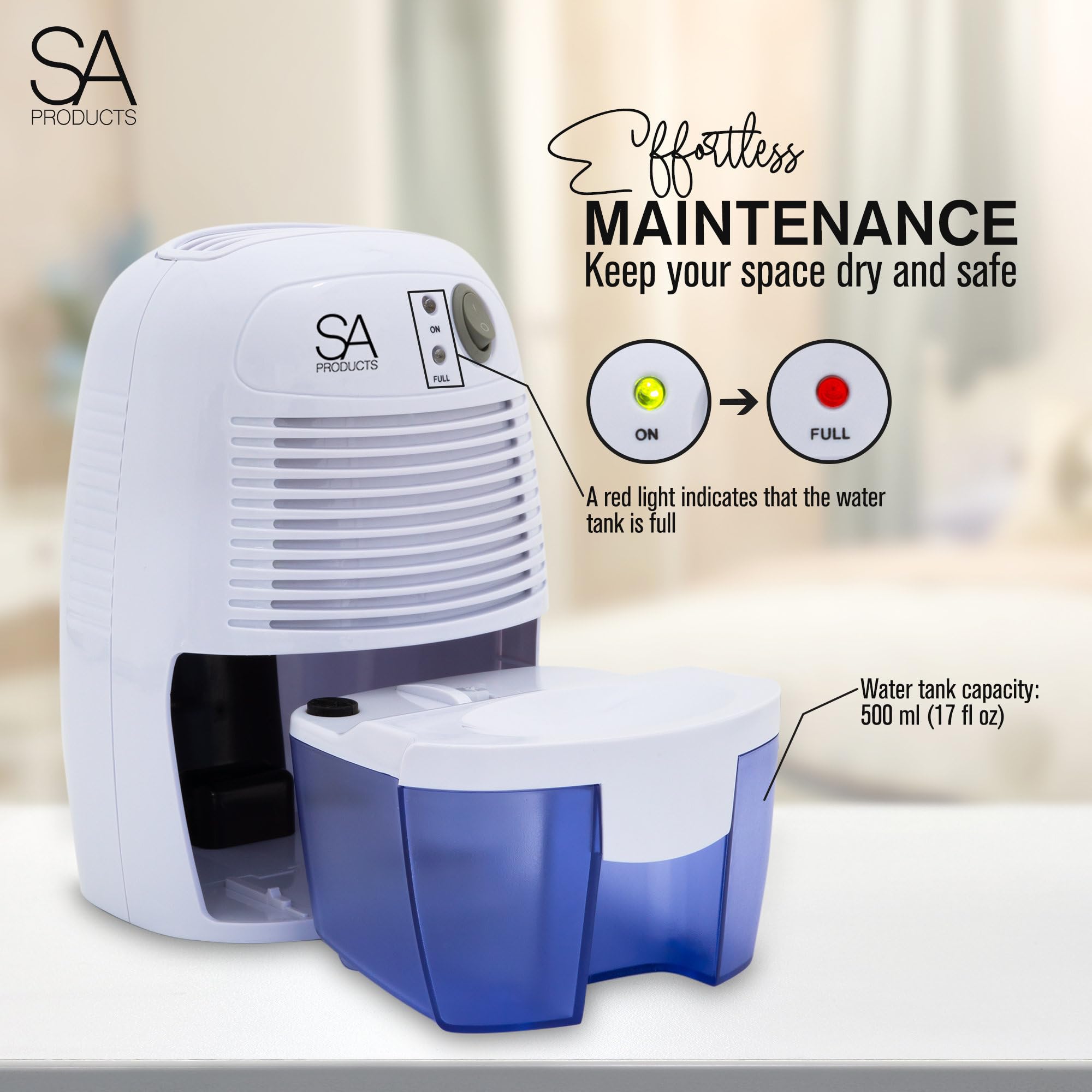 SA Products 500ml Portable Dehumidifier and Air Purifier | Quiet Operation | Automatic Shutoff 5