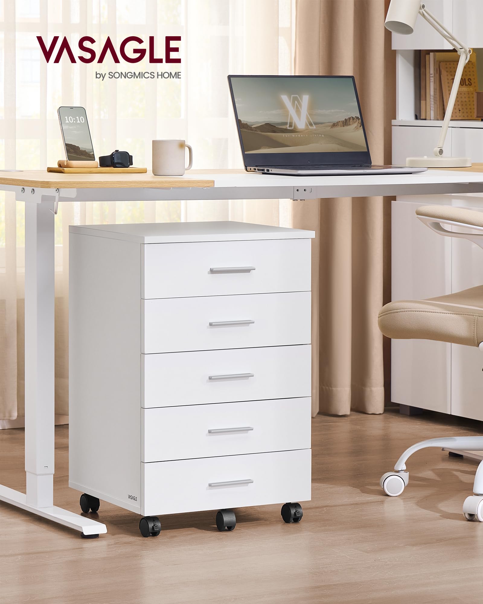 VASAGLE Rolling File Cabinet with 5 Drawers | Lockable Wheels | White Plastic Engineered Wood