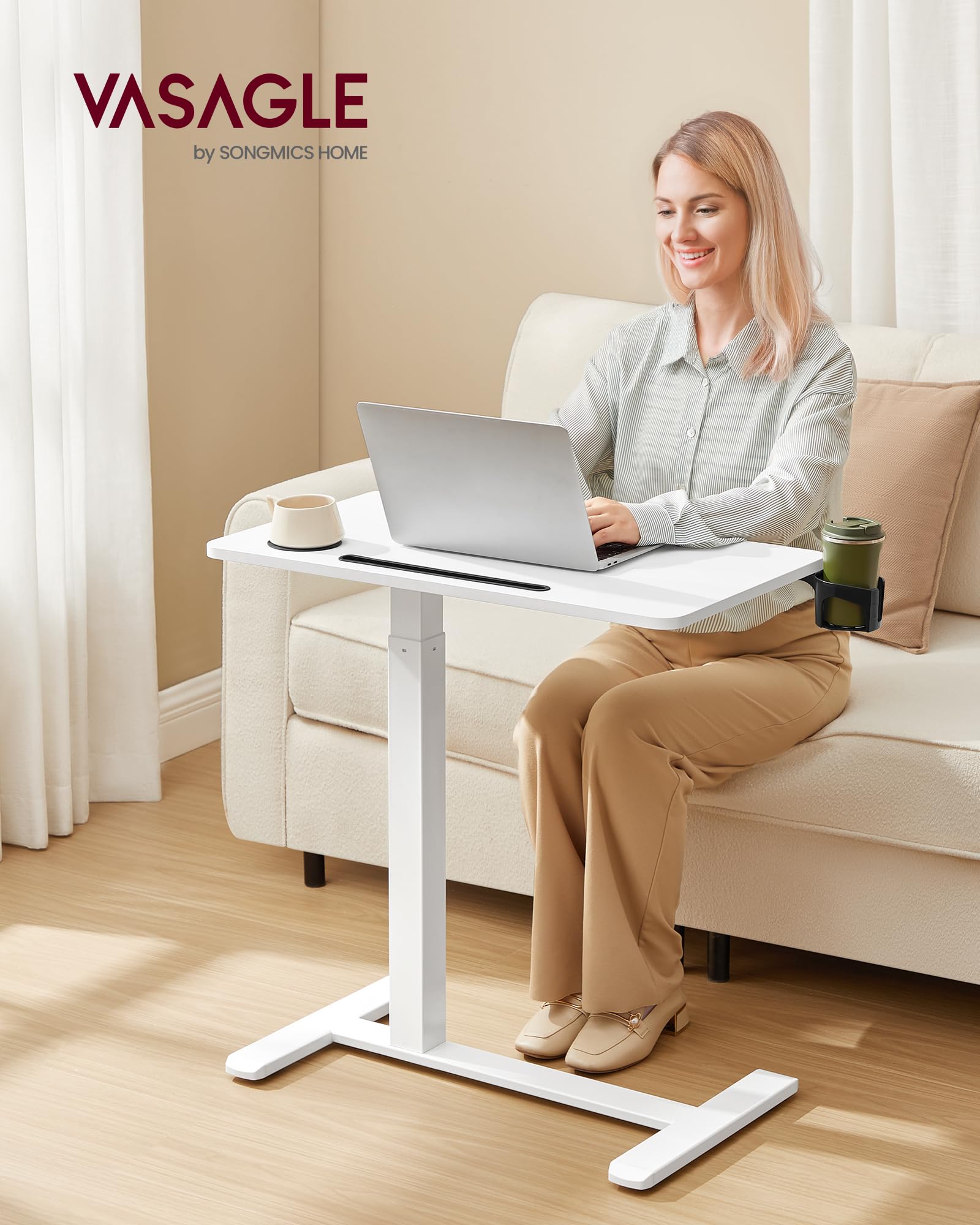VASAGLE Overbed Table with Wheels - Adjustable Height 65-102 cm | 70 x 40 cm Tabletop | Cloudy White 3