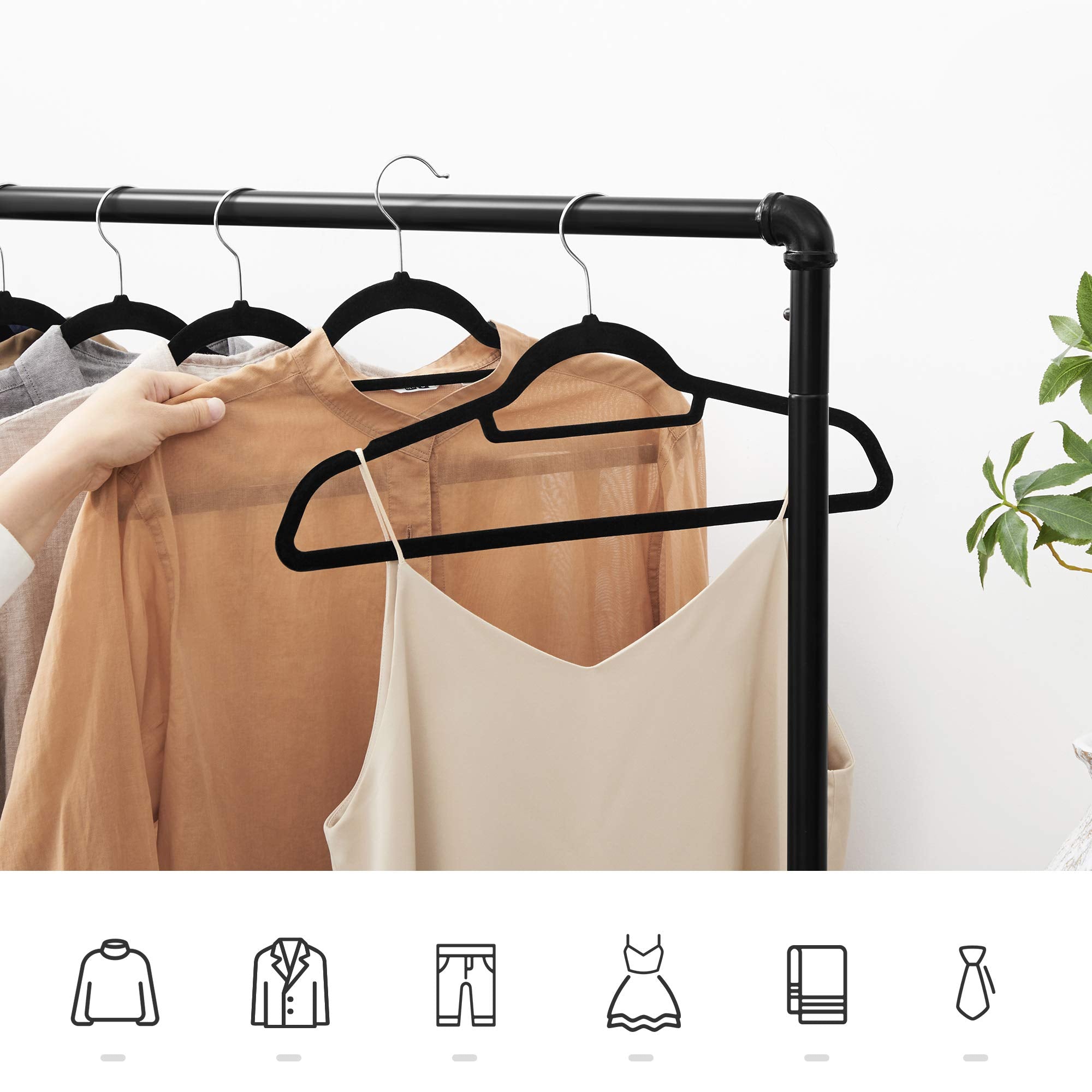 SONGMICS Velvet Hangers Set of 50 - Non-Slip, Space-Saving, 0.6cm Thick, 43.5cm Long | Silver & Black 6