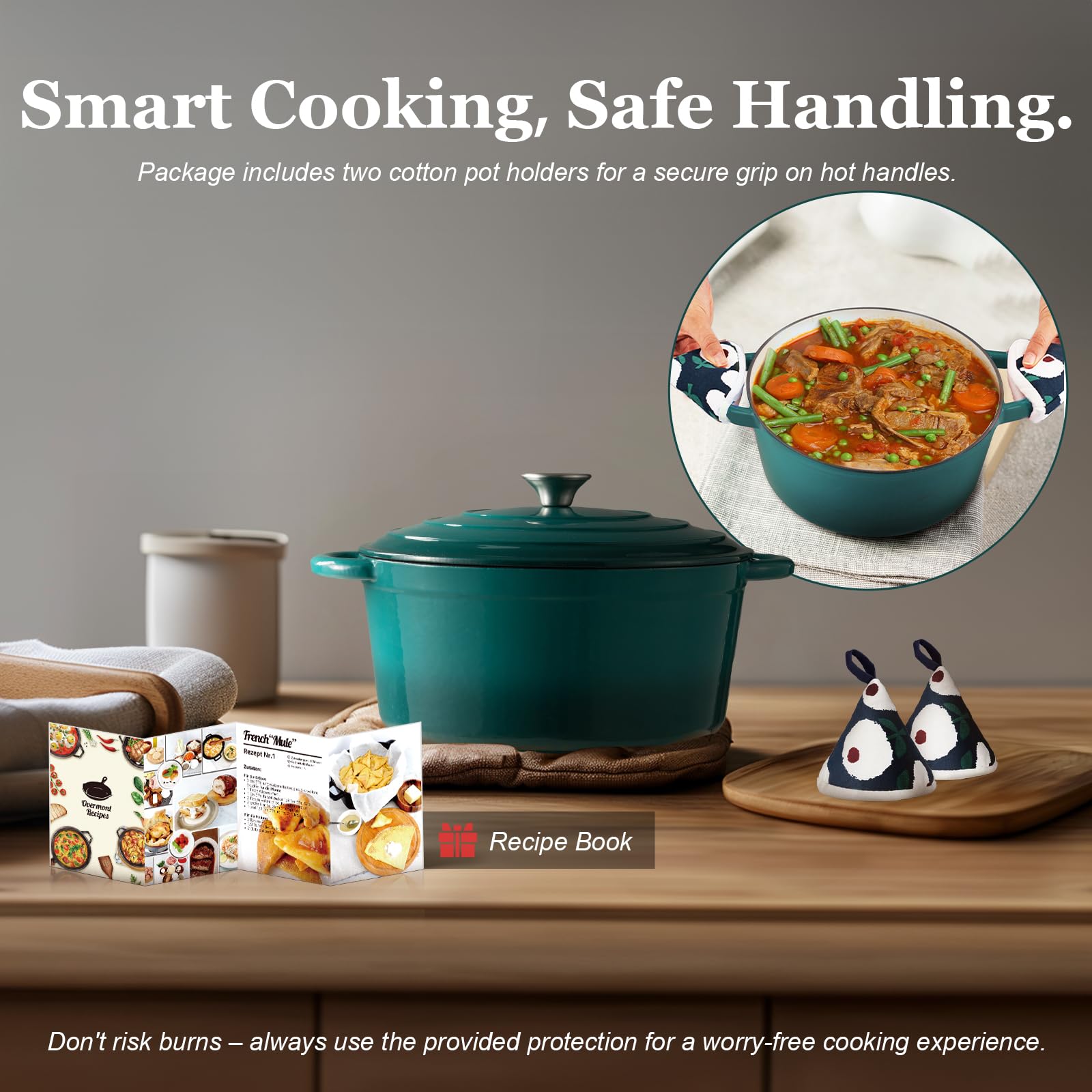 OVERMONT 28cm/6.6L Enamelled Cast Iron Dutch Oven - Bottle Green | 7 Quart Capacity 6