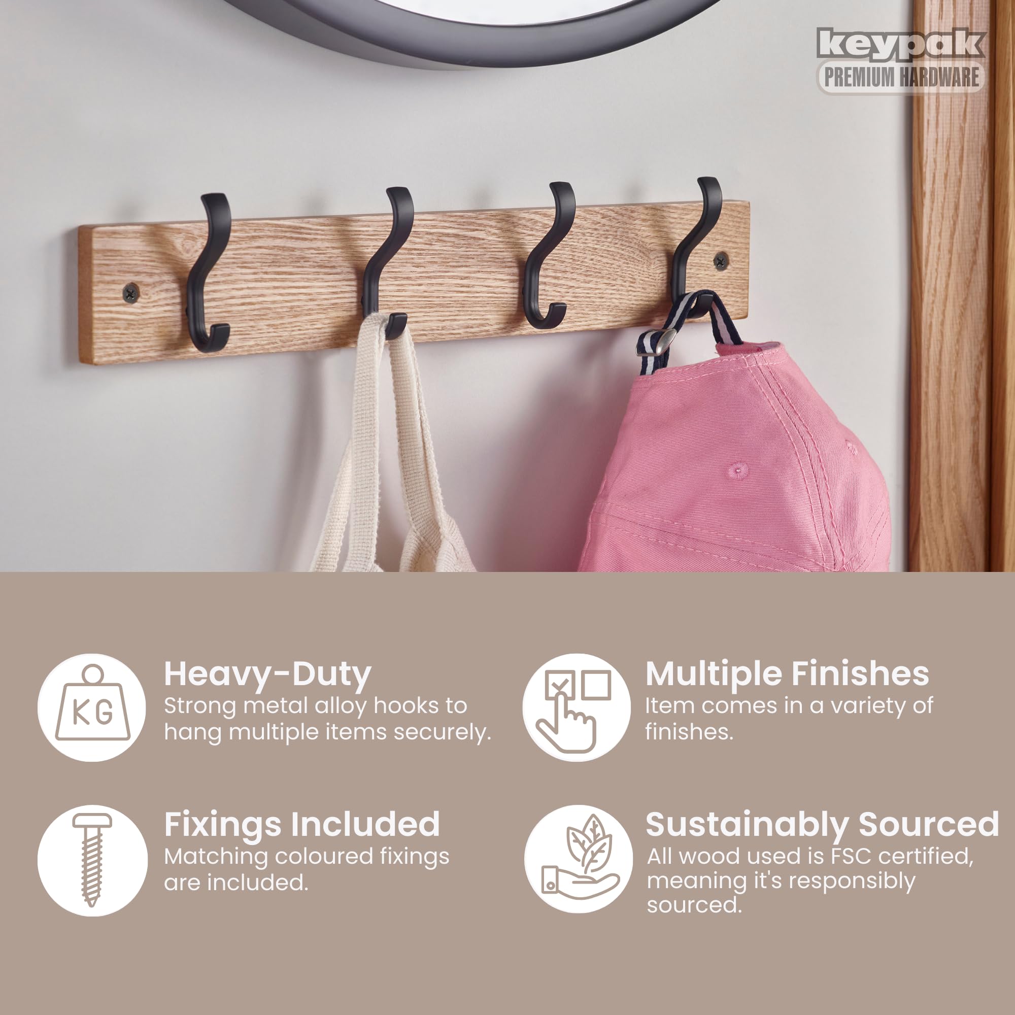 keypak Modern Wall-Mounted Coat Rack - 4 Double Hooks | Alloy Steel | Matte Black/Ash Effect