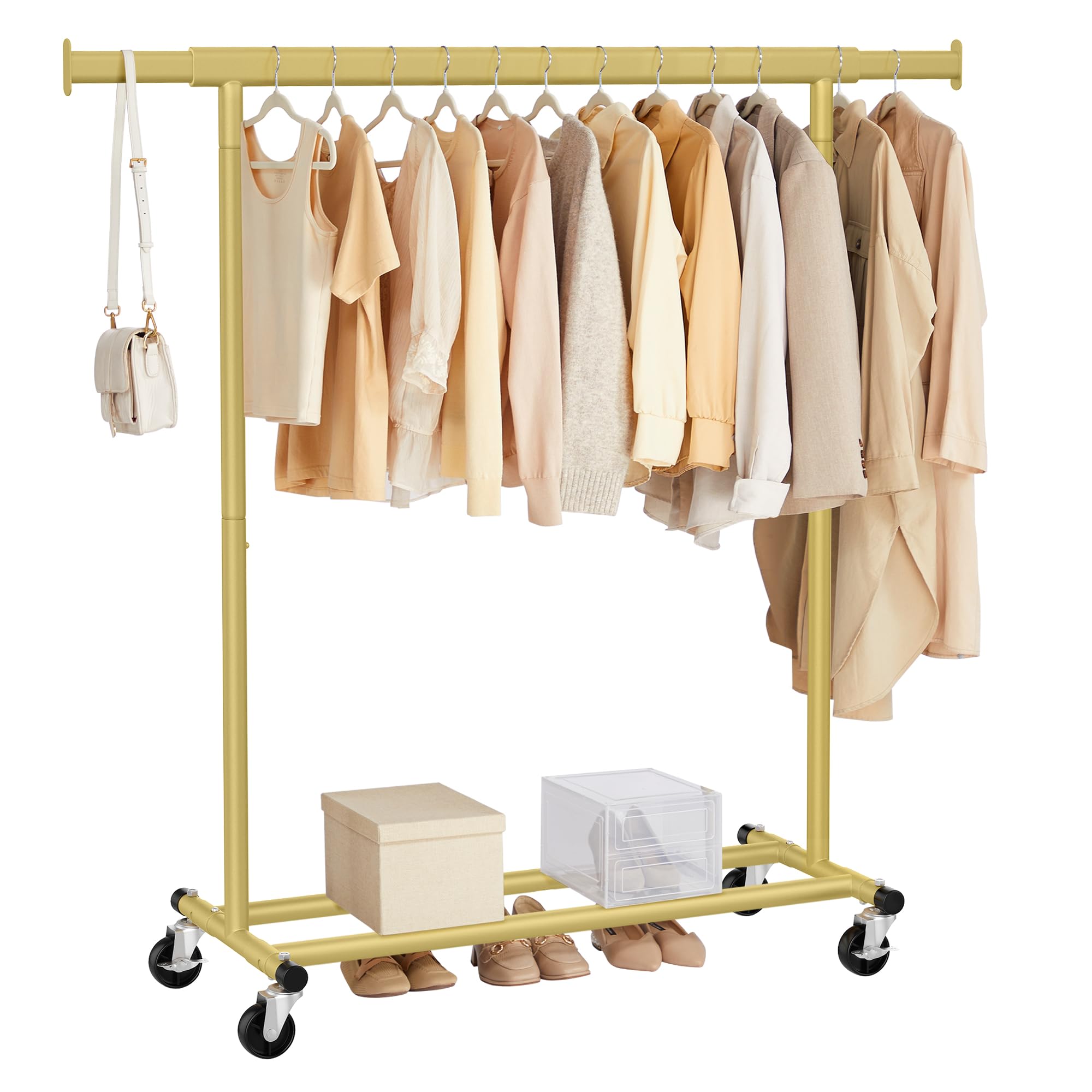 SONGMICS Heavy Duty Clothes Rack on Wheels | 100 kg Capacity | Extendable Rail (92-132 cm) | Pale Gold 1