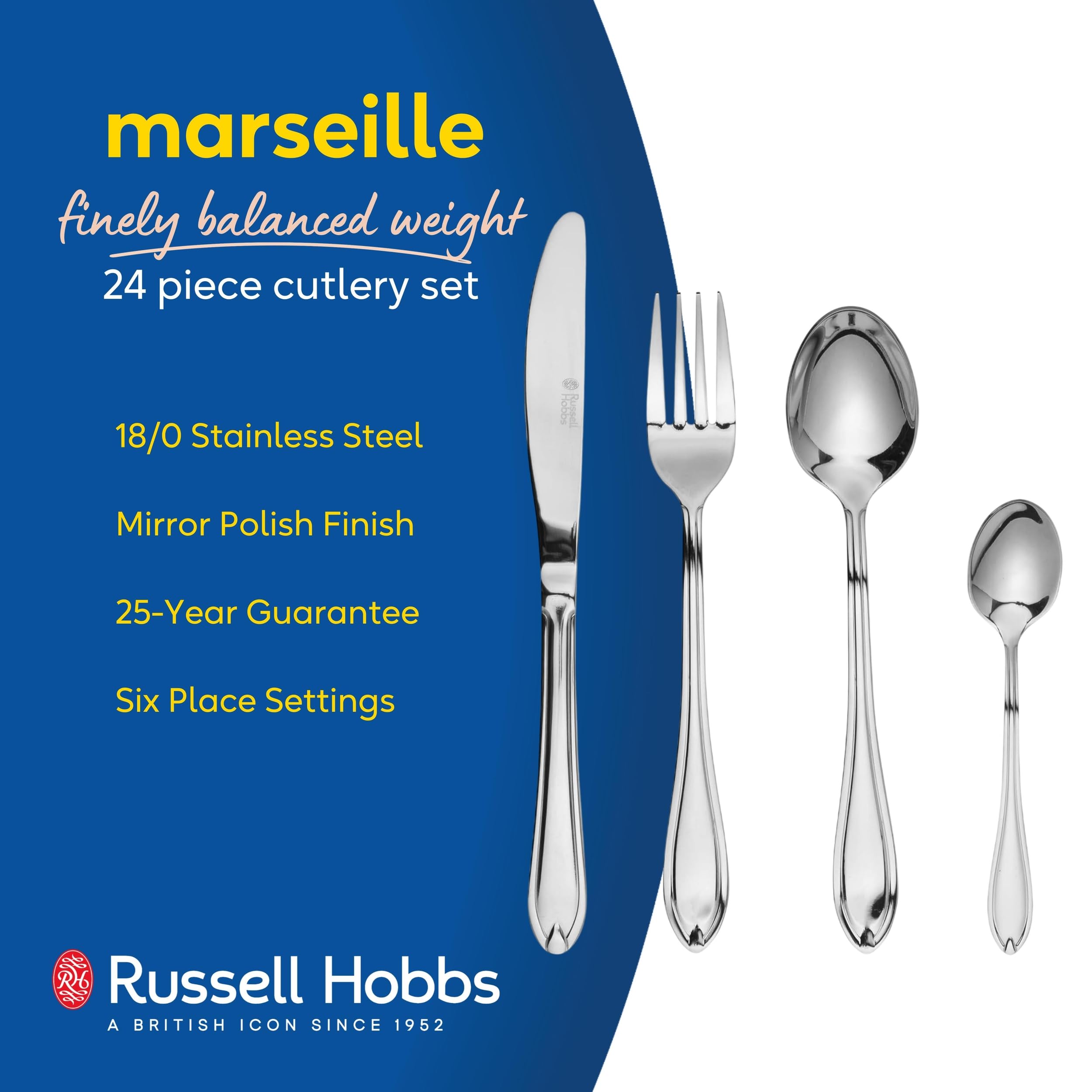 Russell Hobbs Marseille 24 Piece Cutlery Set - 18/0 Stainless Steel | 6 Place Setting