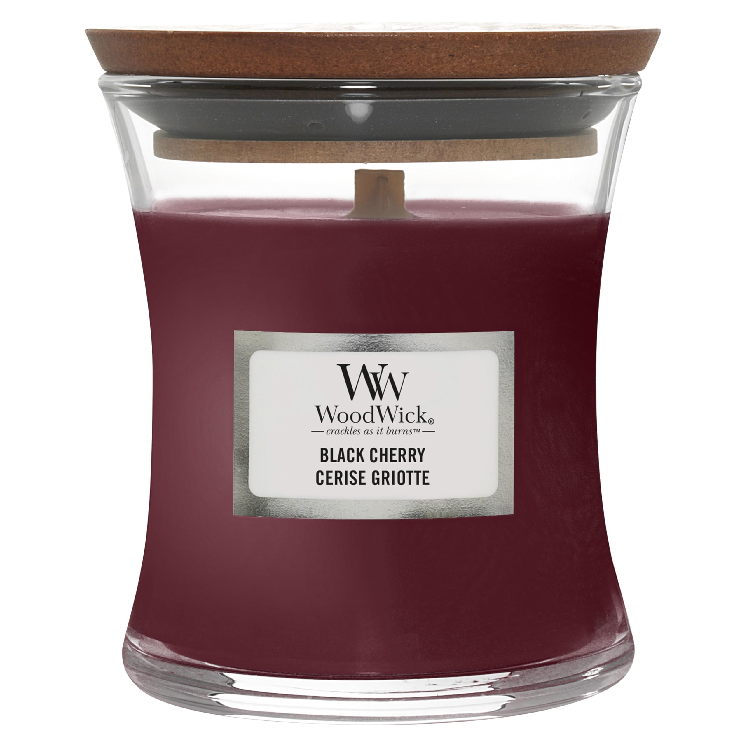 WoodWick Black Cherry Scented Candle with Crackling Wooden Wick | Mini Hourglass | 85g