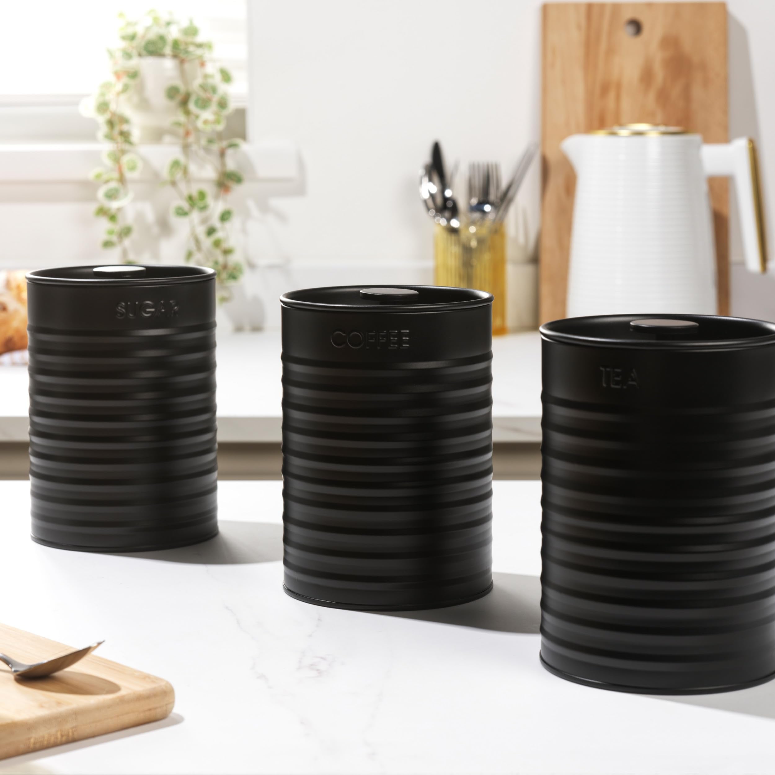 Russell Hobbs Ribbed 3-Piece Canister Set - Black | Powder-Coated Steel | Air Tight Storage 3